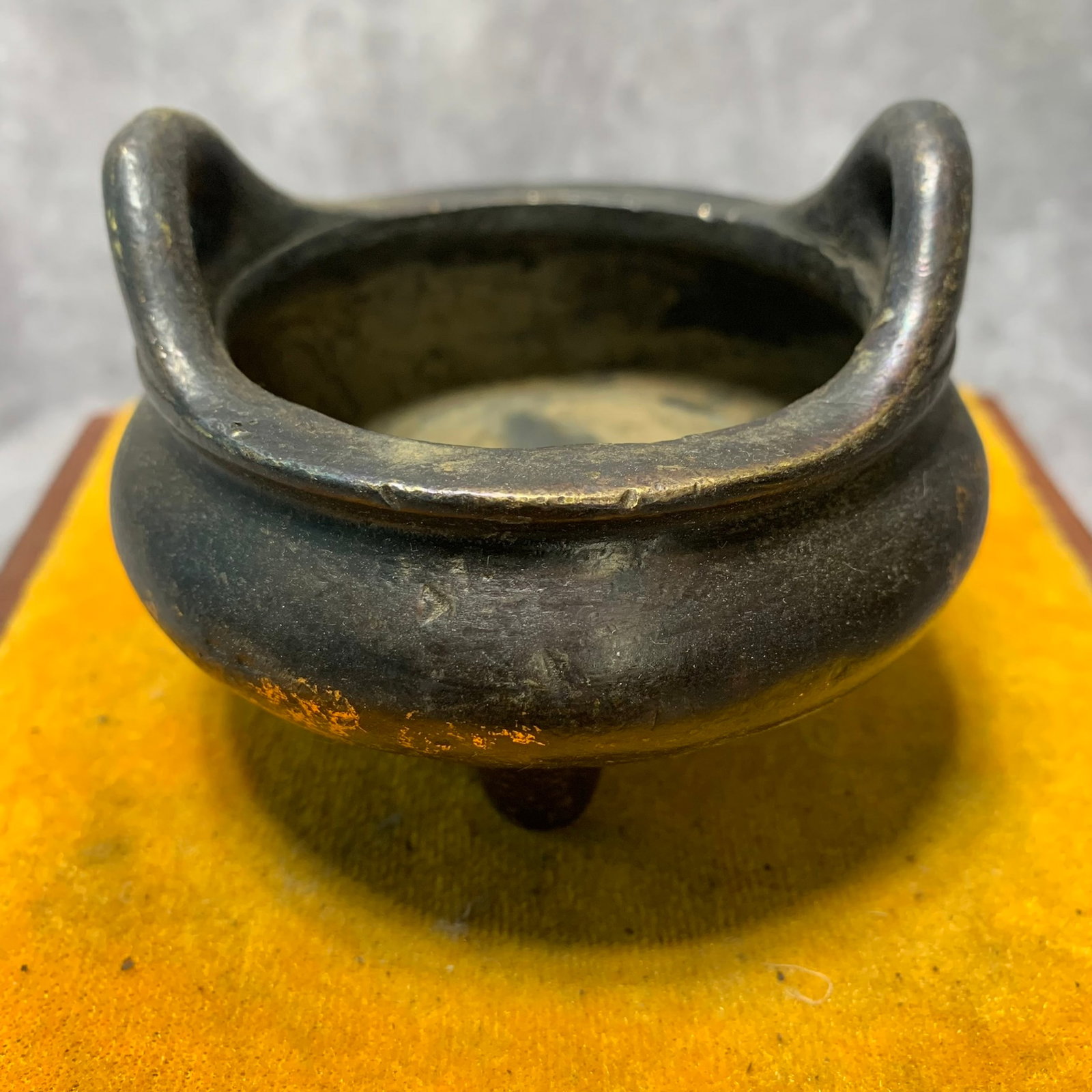 GILDED BRONZE THREE FOOT CENSER WITH EARS: Ming Dynasty Style; High: 2.7 inch; Diameter: 3.5 inch; Woodbase for picture and display only
