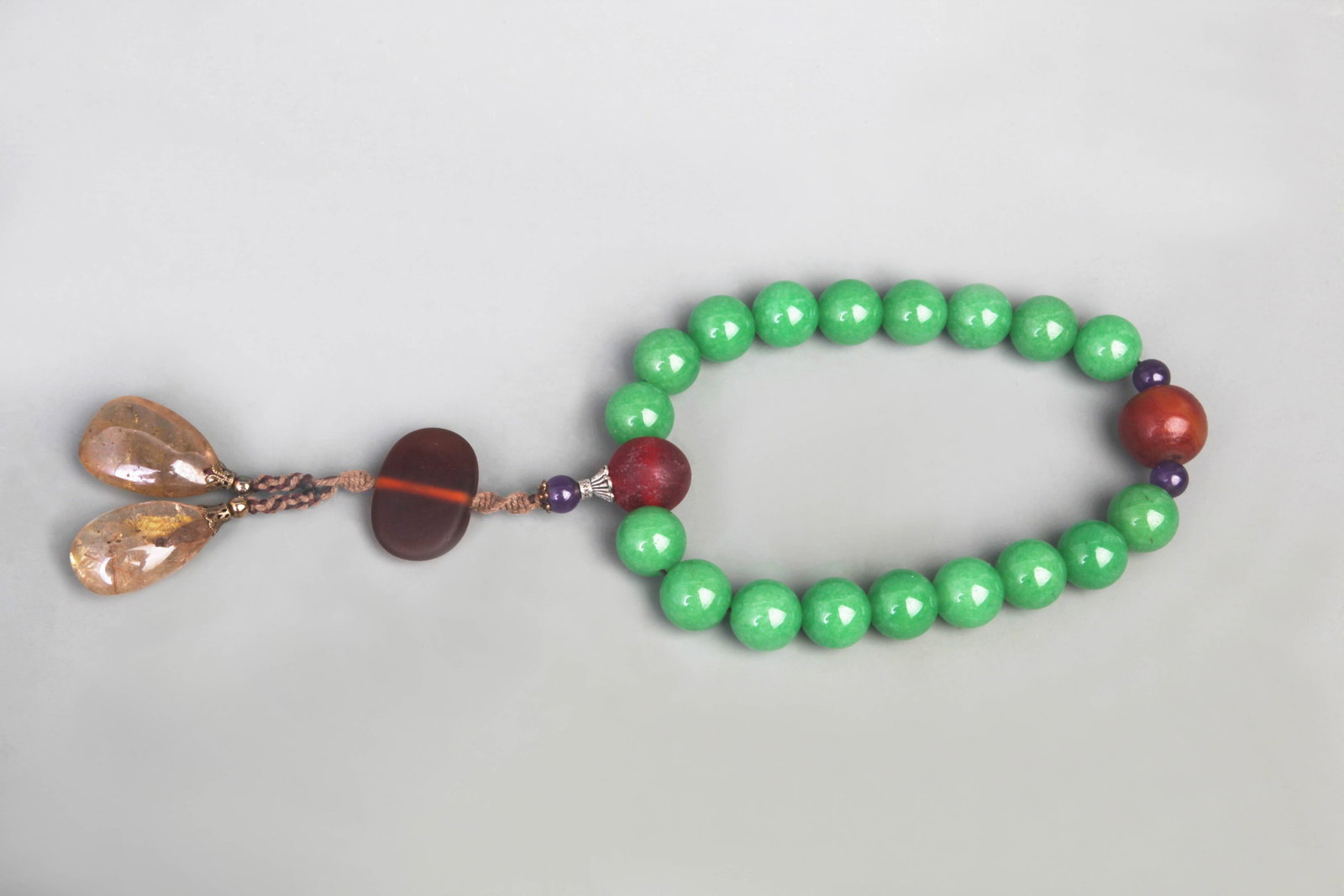 18-PIECE JADE BEADS WITH JADE ACCESSORIES, CRYSTAL, AND GLASS: Qing Dynasty; Diameter: 0.7 inch; Woodbase for picture and display only