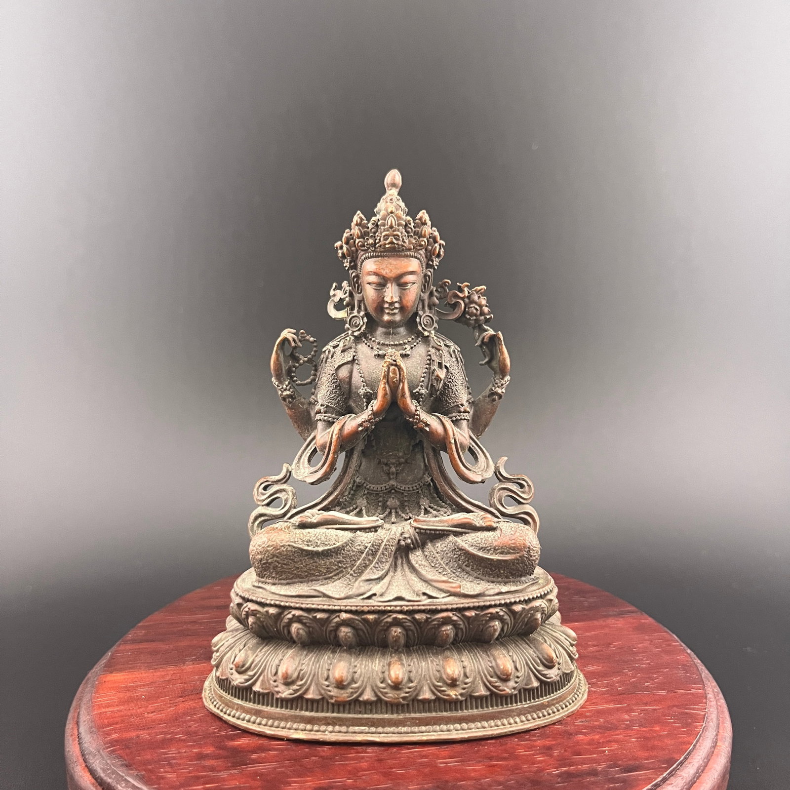 SMALL TIBETAN BRONZE STATUE OF SHADAKSHARI LOKESHVARA: Modern; Long: 3 inch; Width: 2.2 inch; High: 4 inch; Woodbase for picture and display only