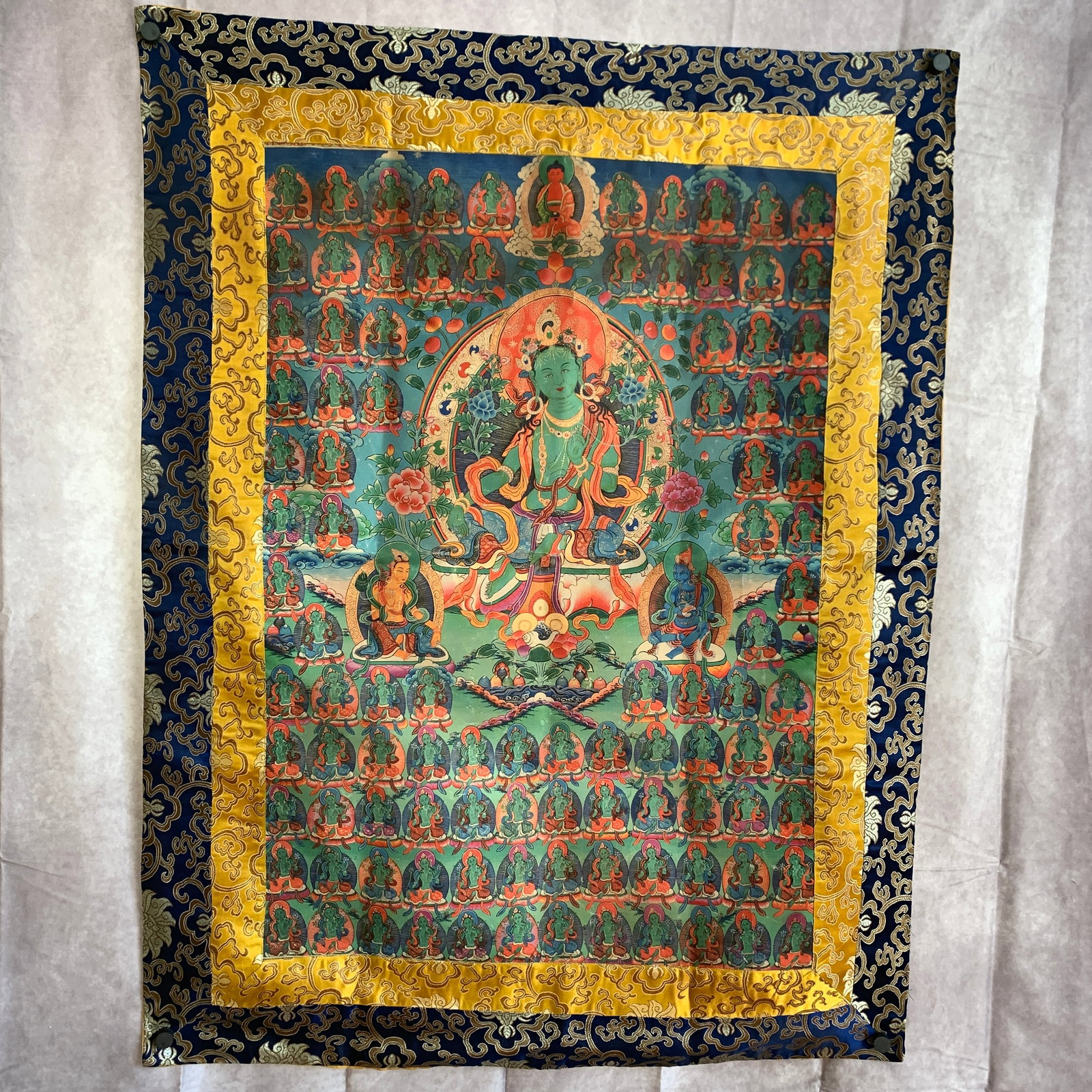 A FINE TIBETAN BUDDHIST THANGKA IN FIGURE OF GREEN TARA: Qing Dynasty; Long: 44 inch; Width: 34 inch; Woodbase for picture and display only