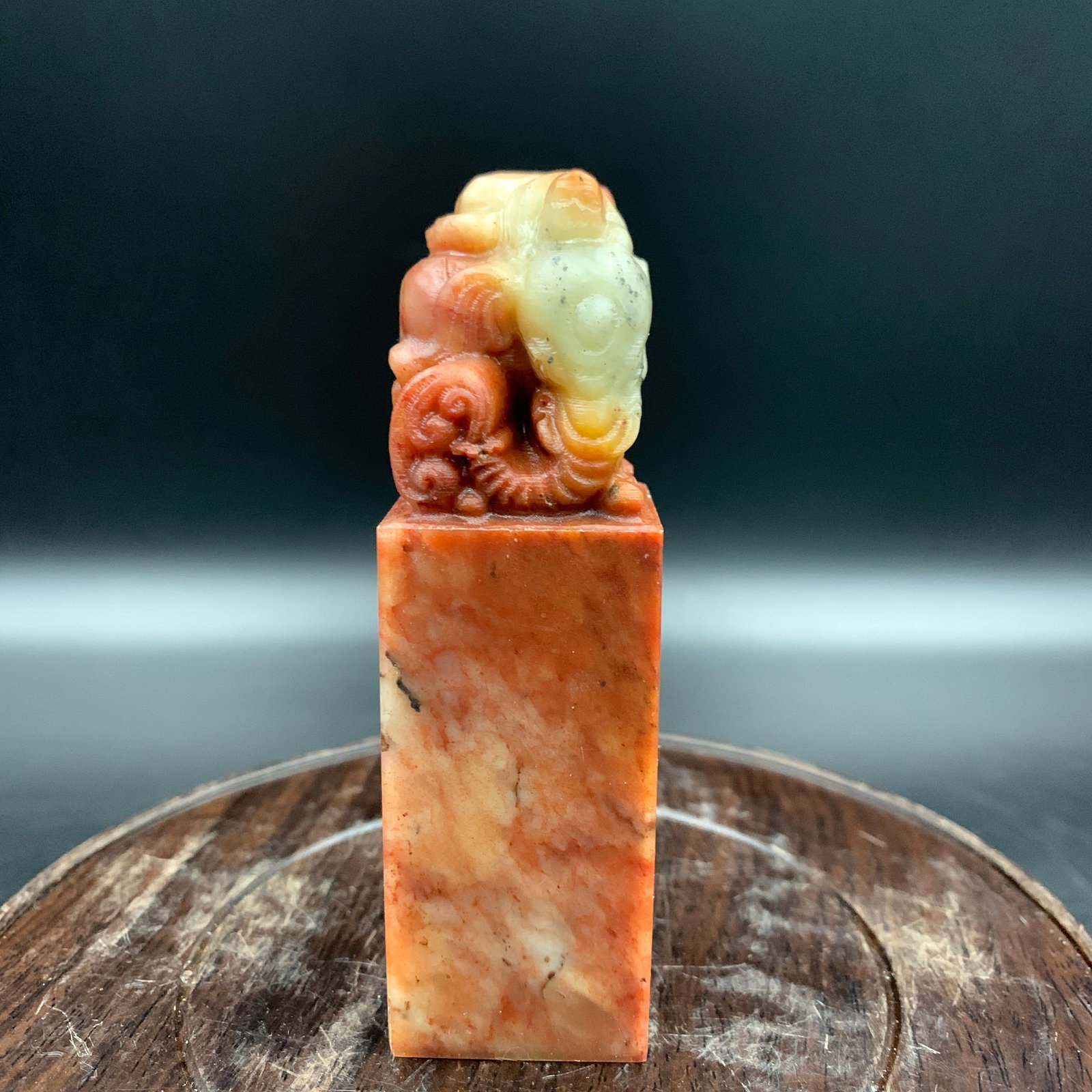 CHINESE HAND-CARVED SOAPSTONE SIGNATURE SEAL: Modern; Long: 1.18 inch; Width: 1.18 inch; High: 3.9 inch; Woodbase for picture and display only