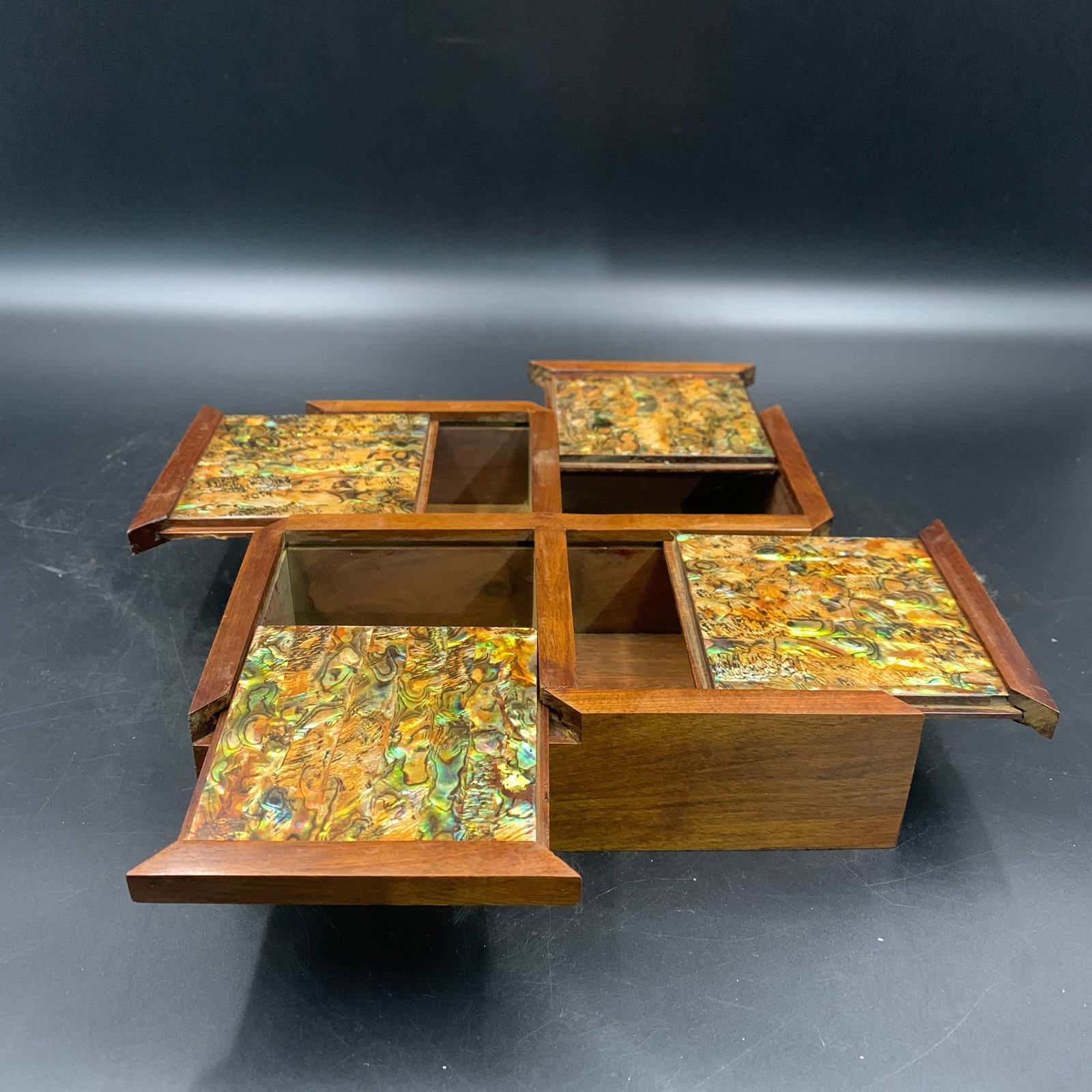 MULTI-COMPARTMENT WOODEN SWEETMEAT BOX WITH REVERSIBLE LIDS: Modern; Long: 7.5 inch; Width: 7.5 inch; High: 1.9 inch; Woodbase for picture and display only