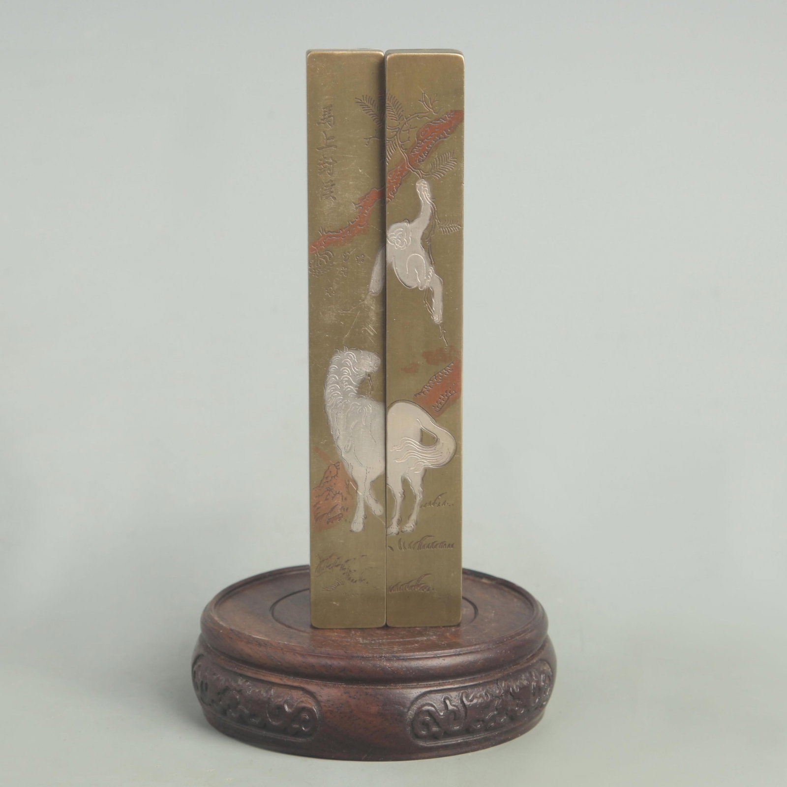PAIR OF BRONZE WITH SILVER INLAY PAPER WEIGHT: Republic Period; High: 6.00 inch; Width: 0.75 inch; Woodbase for picture and display only