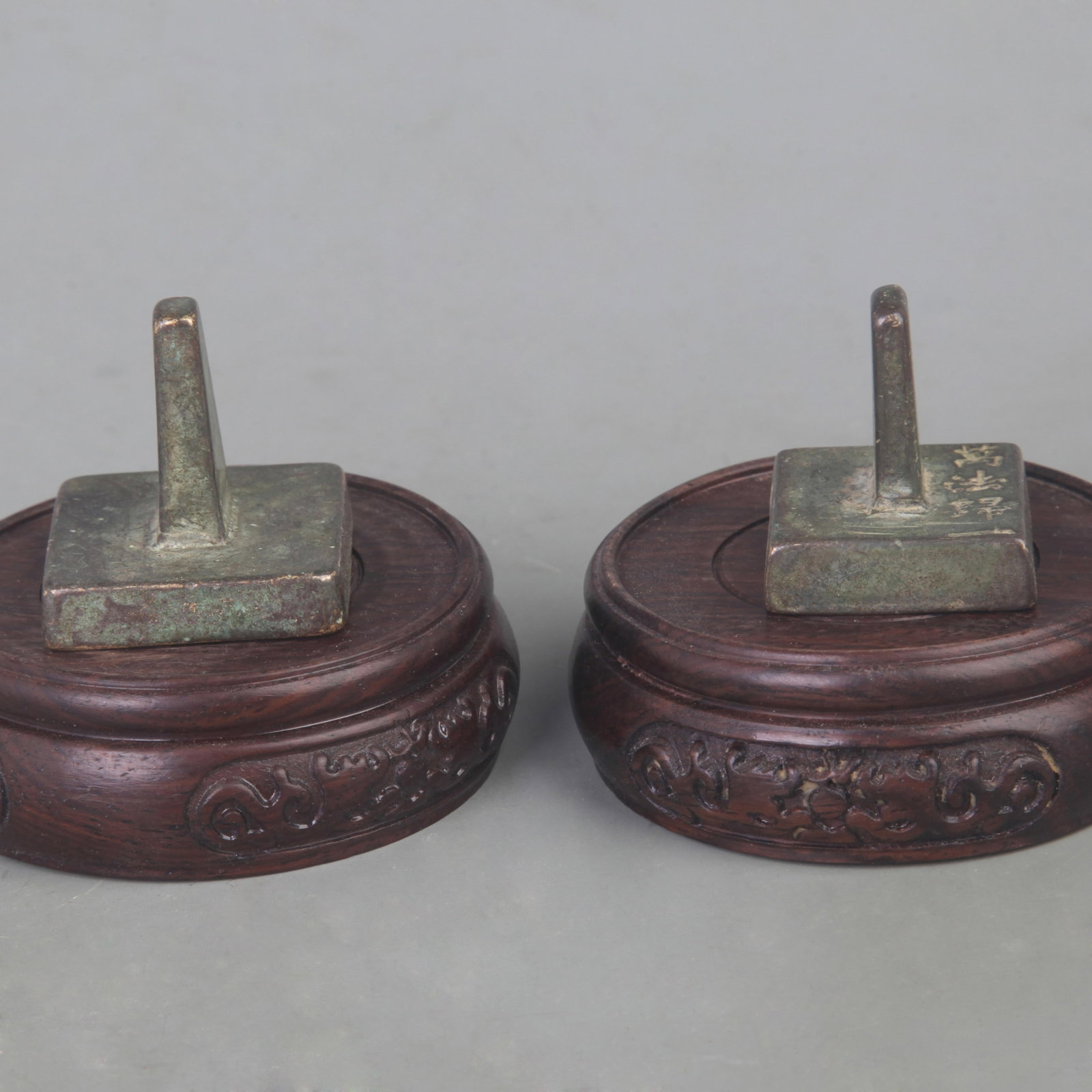 TWO SMALL BRONZE SQUARE SEALS: Qing Dynasty, Width: 1.5 inch; High: 1.5 inch; Woodbase for picture and display only