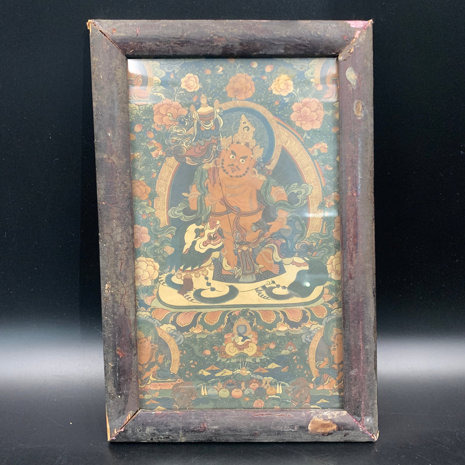 A FINE FRAMED TIBETAN PAINTING – VAISHRAVANA WEALTH KING: Qing Dynasty; Long: 11.2 inch; Width: 7.3 inch; High: 0.8 inch; Woodbase for picture and display only