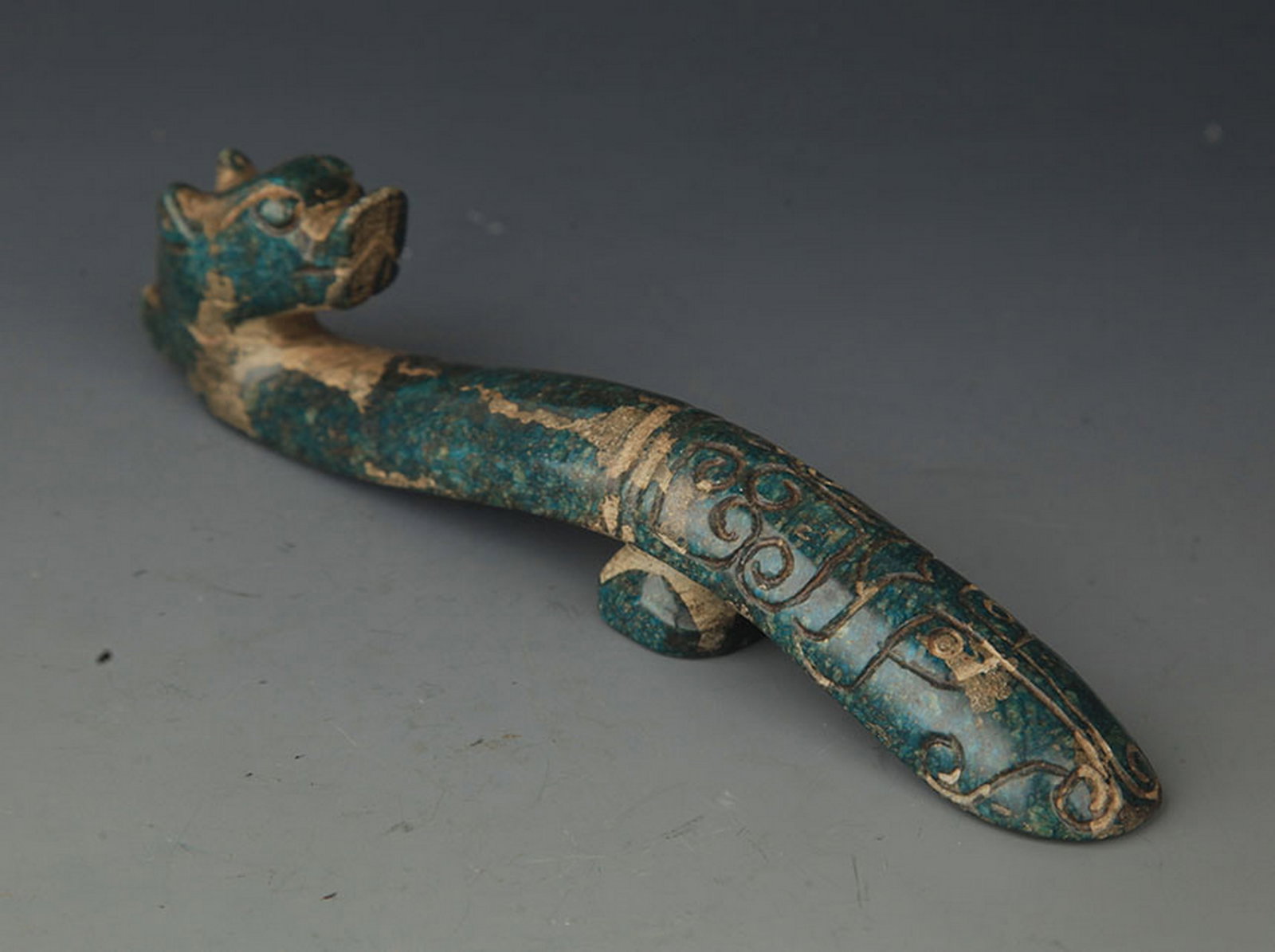 COPY OF FINE OLD JADE DRAGON FIGURE BELT HOOK: Warring States Style, High: 1.25 inch; Long: 6.5 inch; Woodbase for picture and display only