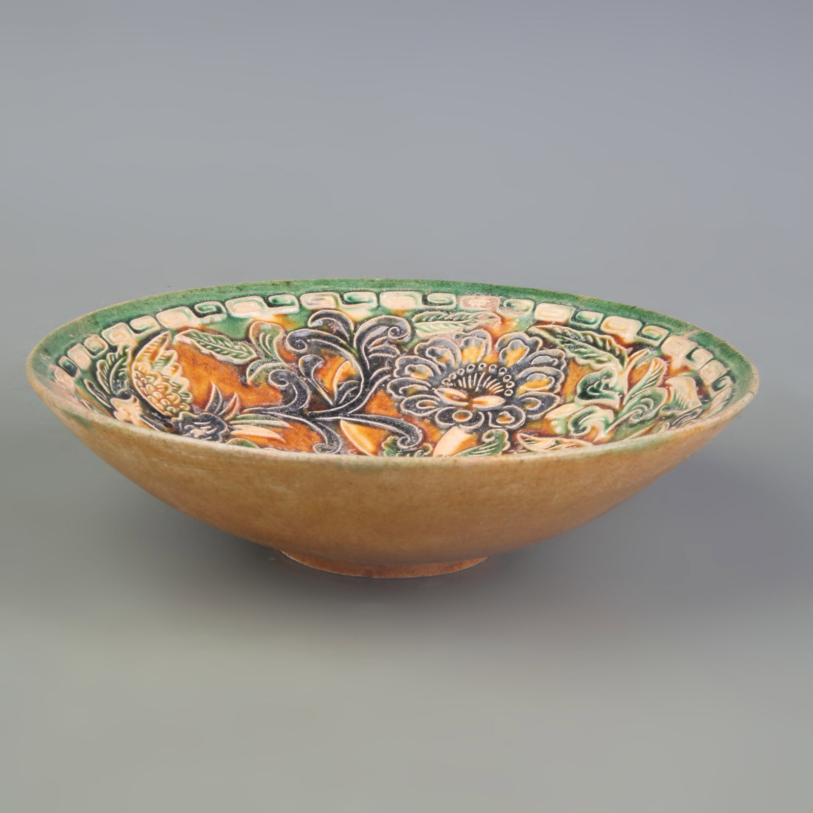 SANCAI DISH WITH PHOENIX MOTIF: Tang Dynasty Style; Diameter: 7.2inch; Woodbase for picture and display only