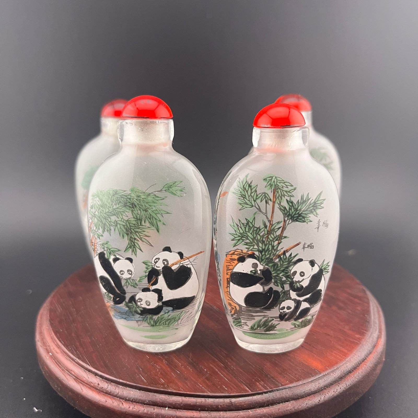 GROUP OF FOUR INNER PAINTED GLASS MADE SNUFF BOTTLE: Modern; Long: 0.87 inch; Width: 1.5 inch; High: 2.97 inch; Woodbase for picture and display only