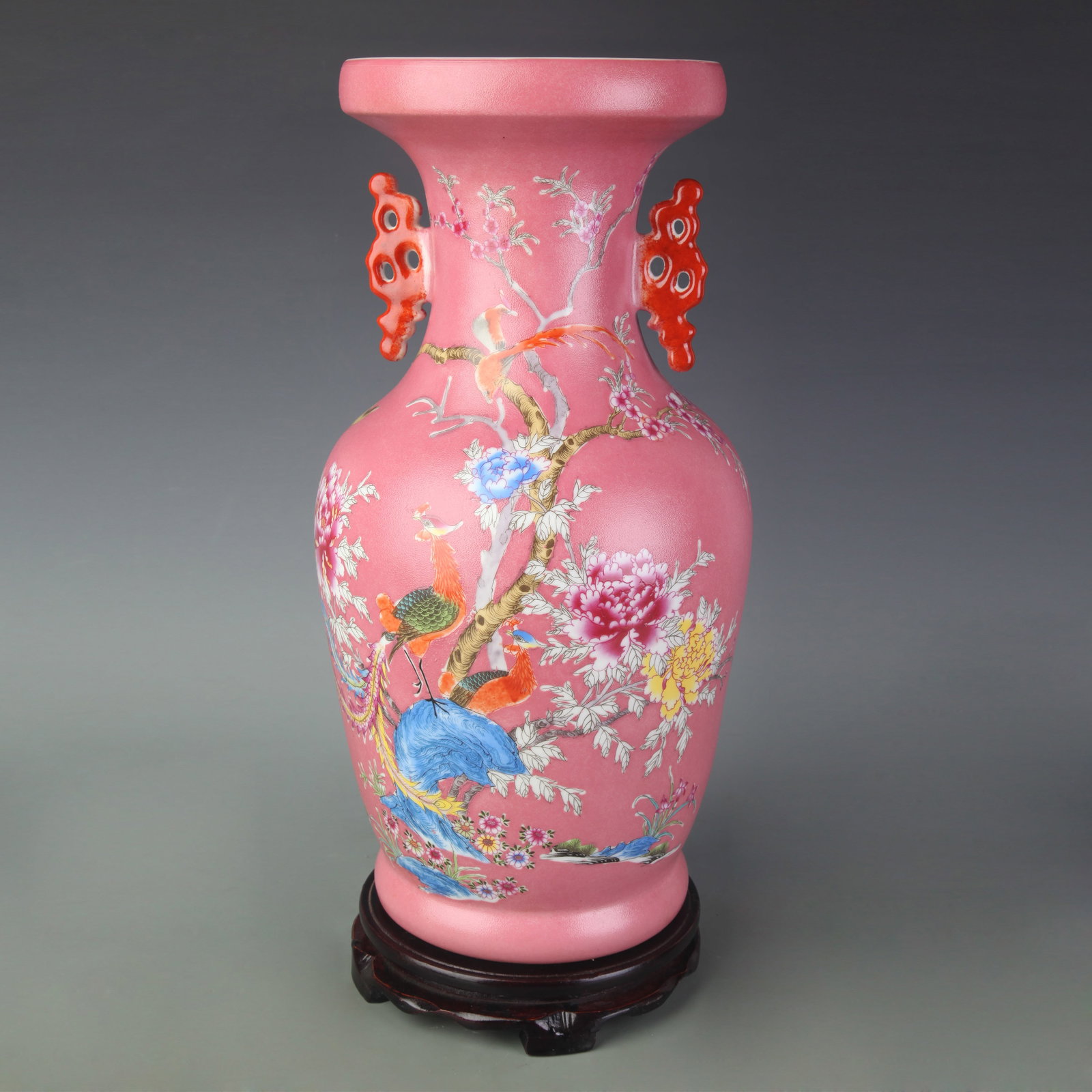 FAMILLE ROSE FLOWER AND BIRD PATTERN DOUBLE EAR PORCELAIN VASE: Qing Dynasty Yong Zheng Period; High: 16.0 inch; Woodbase for picture and display only