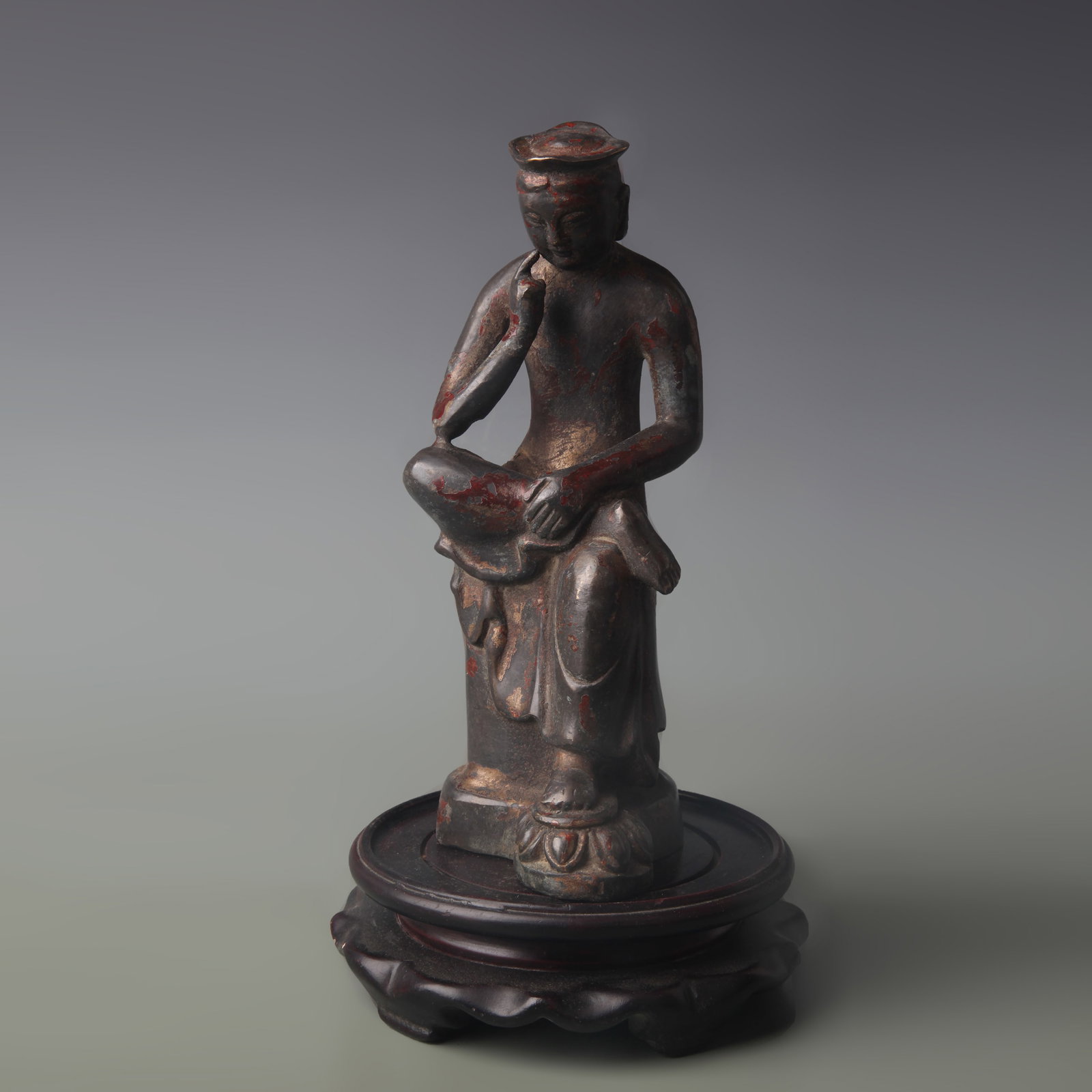 GILT BRONZE FIGURE OF A PENSIVE BODHISATTVA: Qing Dynasty; Width: 3.1 inch; High: 7.7 inch; Woodbase for picture and display only