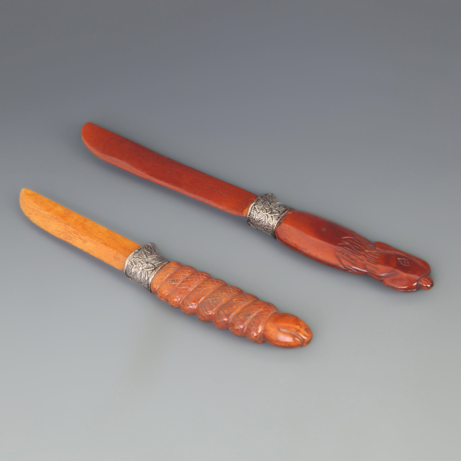 SET OF YAK BONE MADE SCHOLAR’S DESK PAPER KNIFE: 20th Century; High: 7.50 inch; to 8.75 inch; Width: 1.00 inch; Woodbase for picture and display only