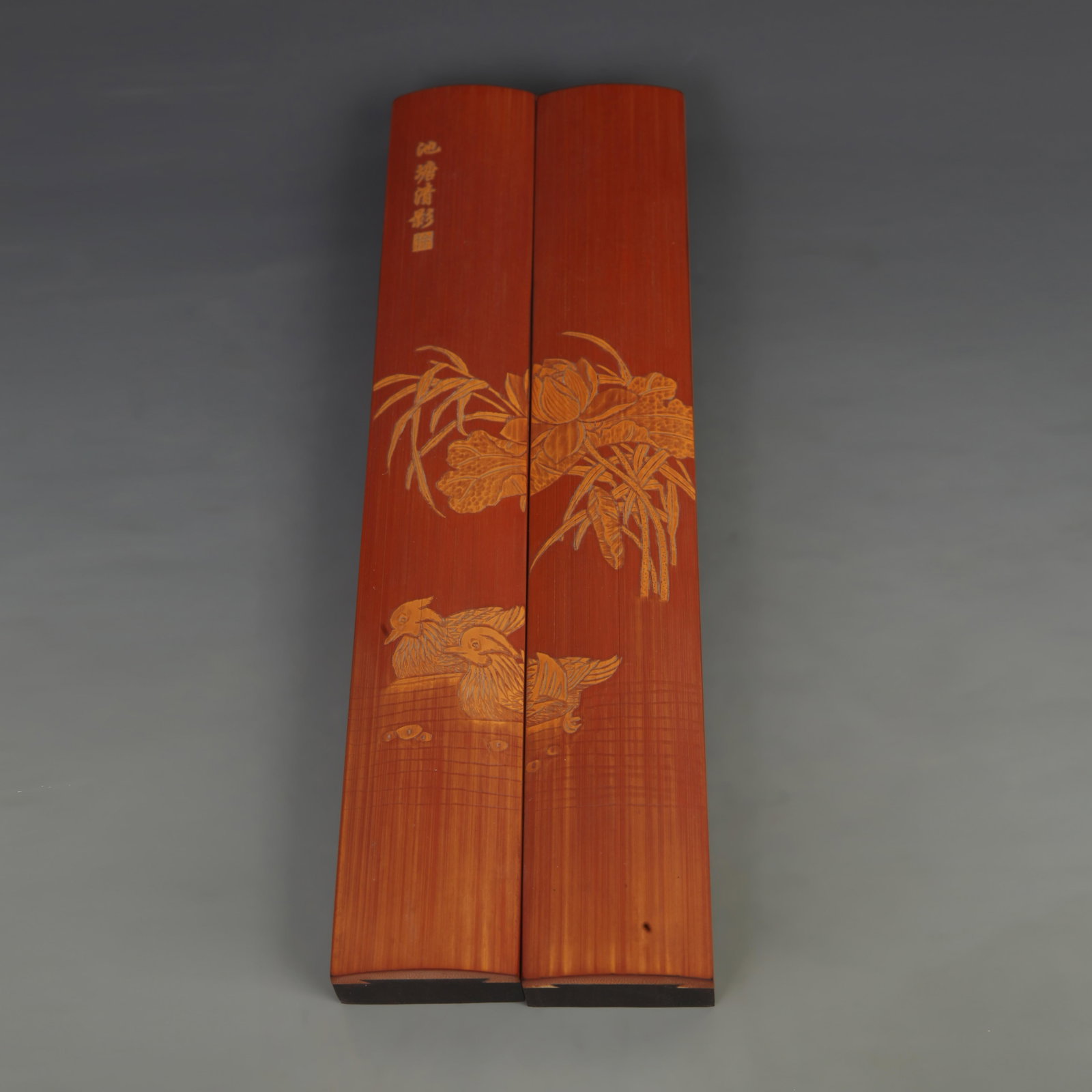 PAIR OF BLACK EBONY WOOD WITH BAMBOO WOODEN PAPERWEIGHTS: 20th Century; Long: 11.75 inch; Width: 1.90 inch; Woodbase for picture and display only