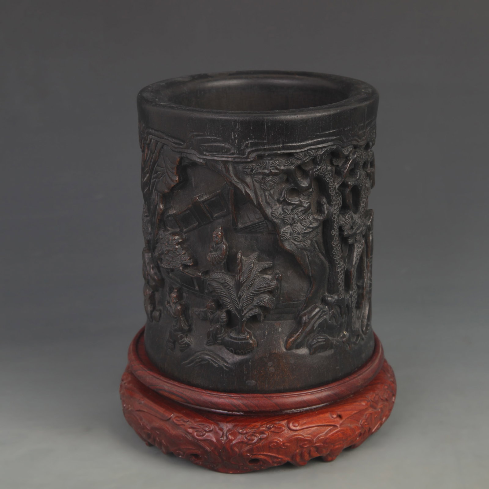 BAMBOO ROOT CARVED "BO LE APPRAISING A HORSE" BRUSH POT (1 of 5)
