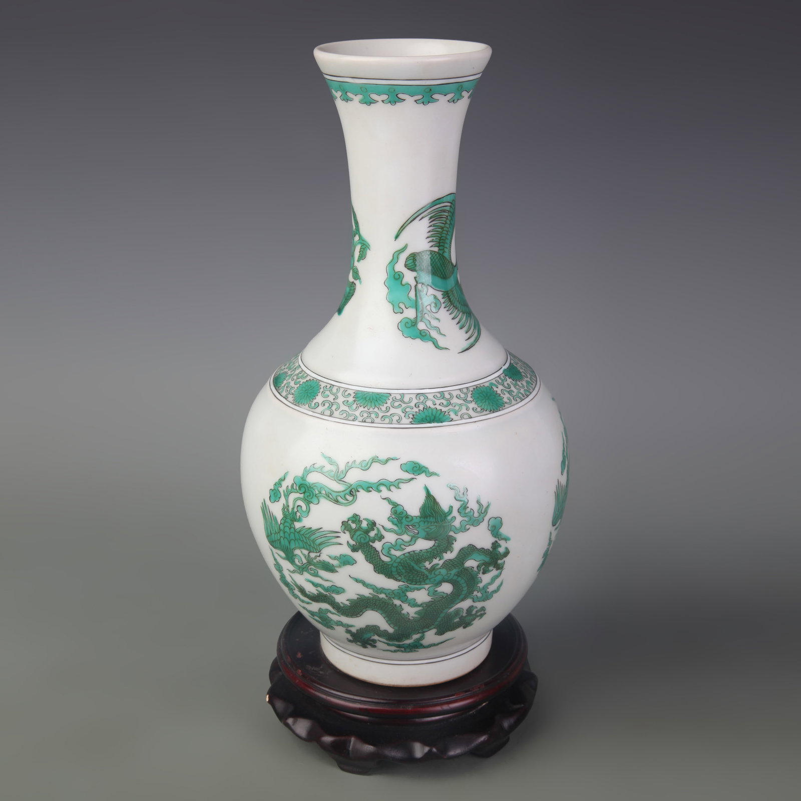 GREEN-ENAMELED "DRAGON AND PHOENIX" PORCELAIN BOTTLE VASE (1 of 5)