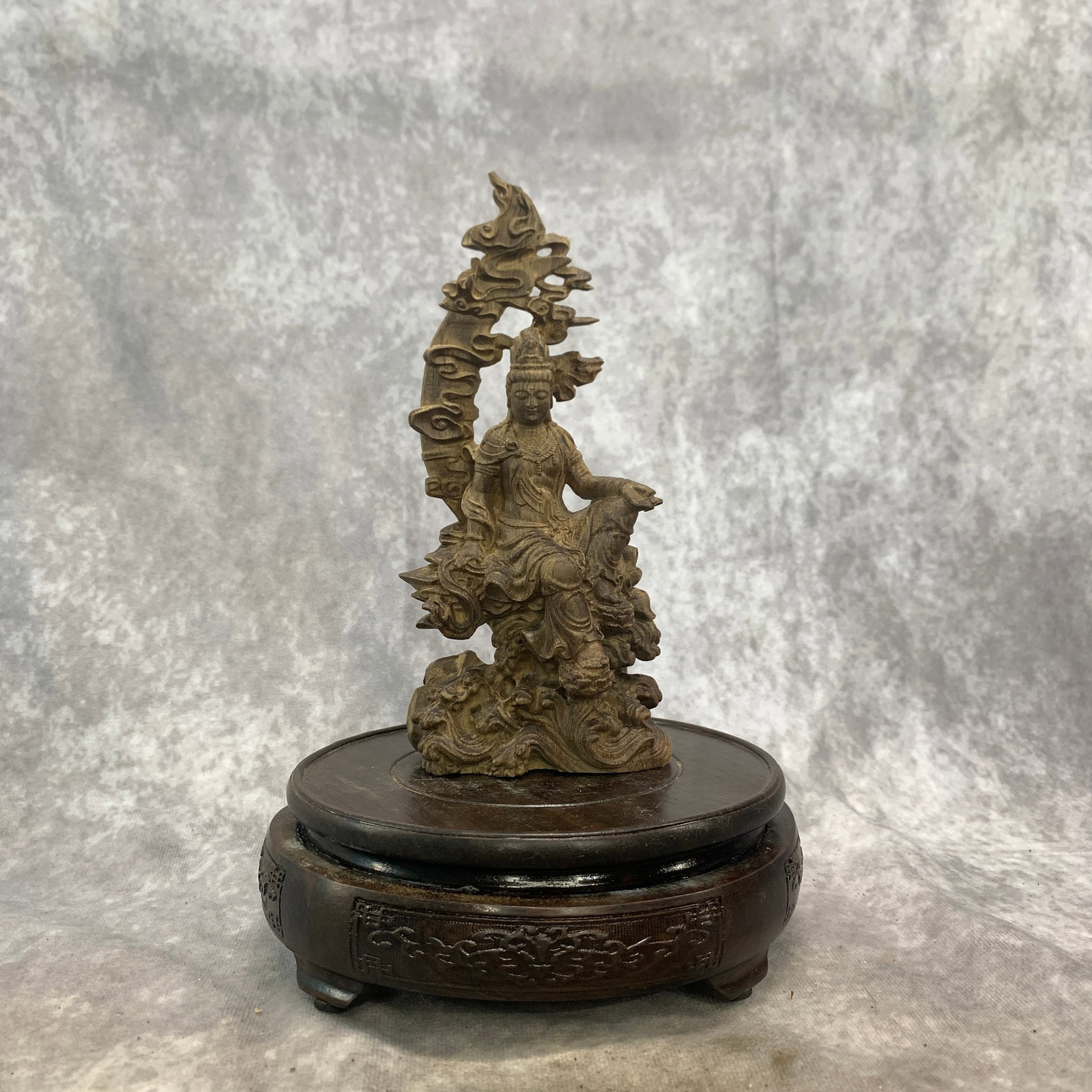 WOOD CARVING OF GUANYIN BODHISATTVA RIDING A DRAGON: Modern; Long: 3.3 inch; Width: 1.9 inch; High: 7.2 inch; Woodbase for picture and display only