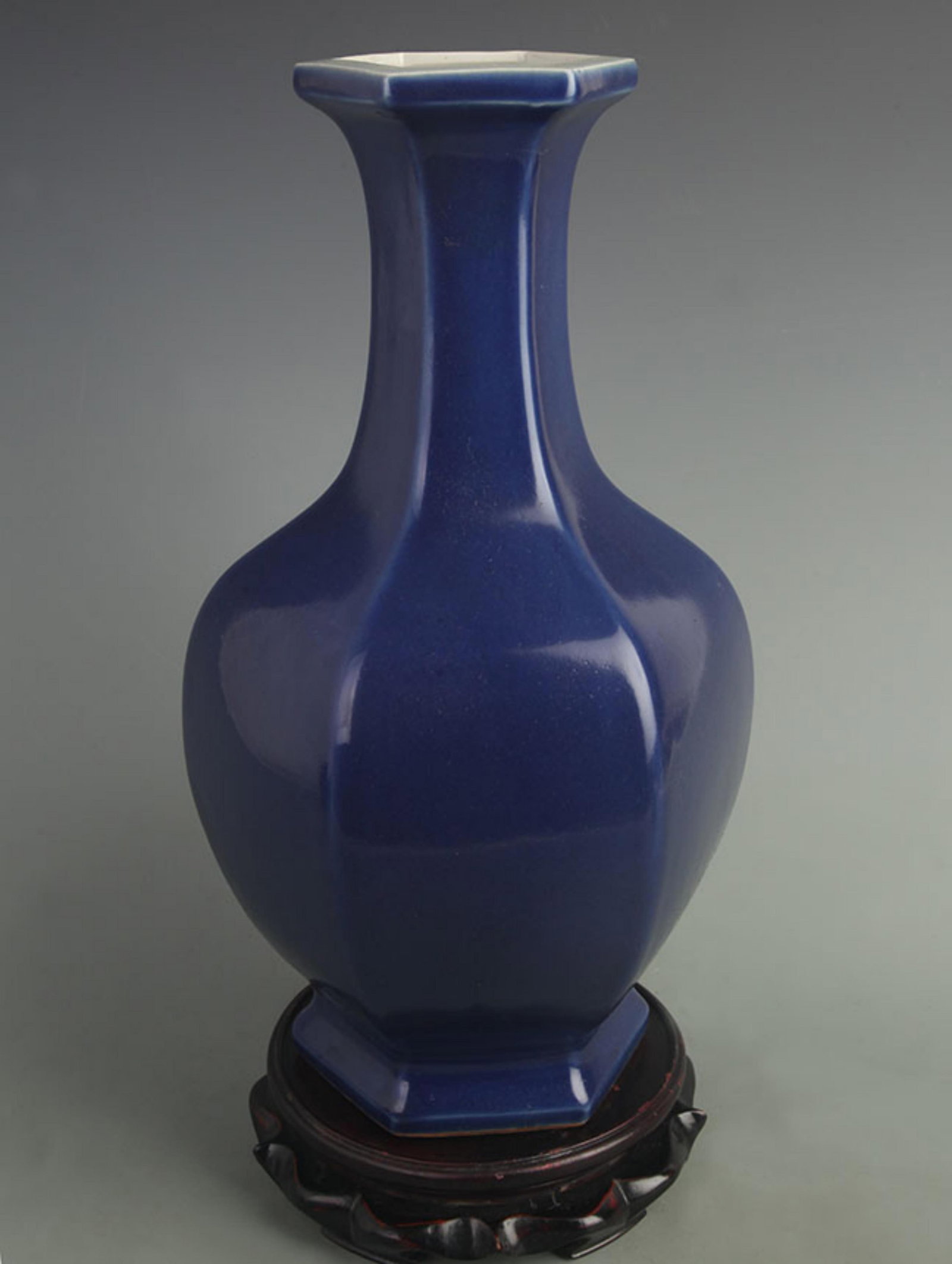 MUSTARD-GREEN GLAZED HEXAGONAL PORCELAIN VASE: Qing Dynasty Yong Zheng Period; High: 15.0 inch; Width: 8.00 inch; Woodbase for picture and display only
