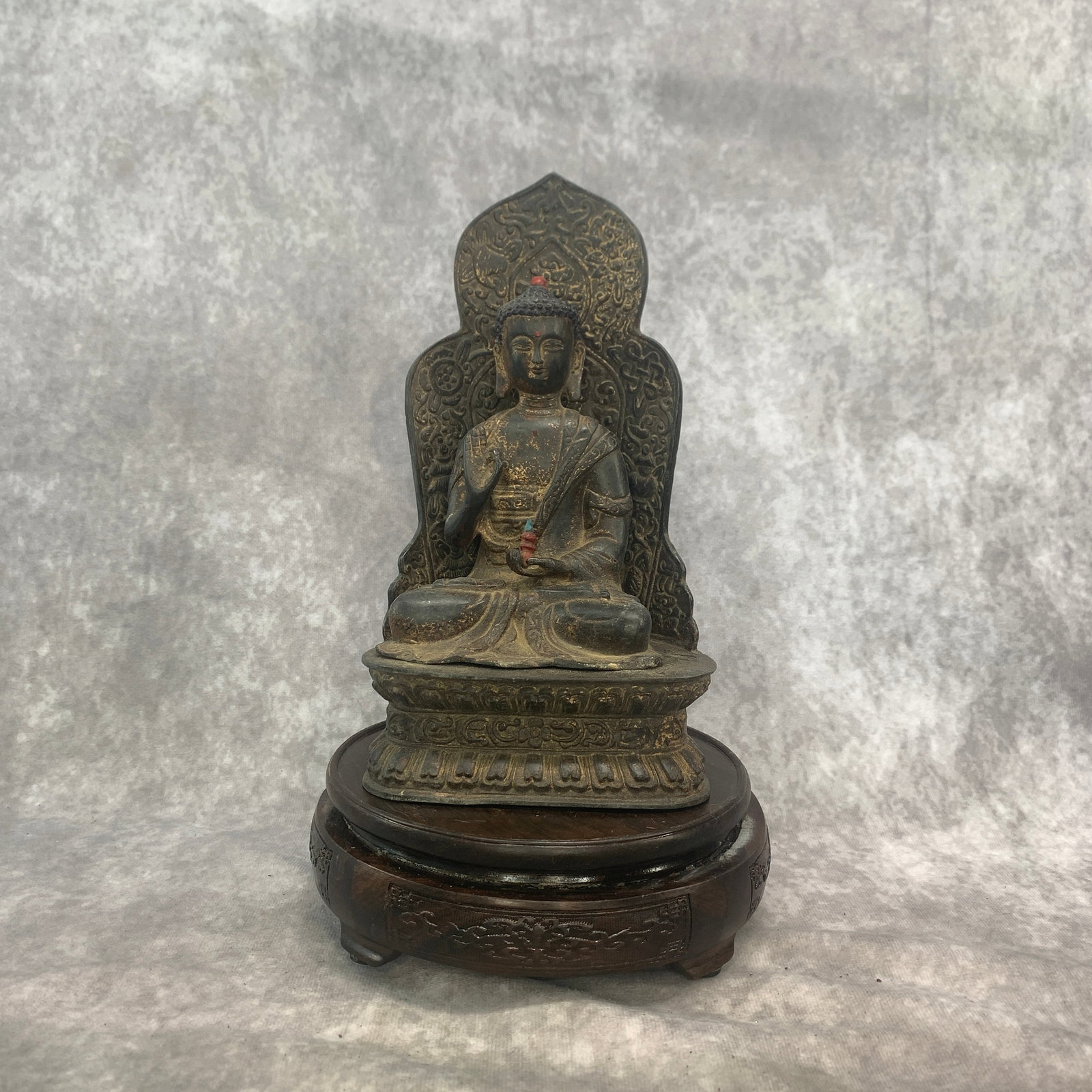 TIBETAN BRONZE FIGURE OF A SEATED MEDICINE BUDDHA: Qing Dynasty; Long: 4.9 inch; Width: 3.7 inch; High: 8.8 inch; Woodbase for picture and display only