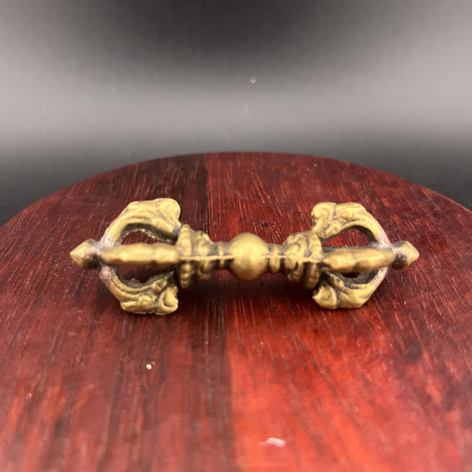 SMALL TIBETIAN RITUAL BUDDHIST BRONZE IMPLEMENTS: Modern; Long: 2.7 inch; Width: inch; High: 0.9 inch; Woodbase for picture and display only