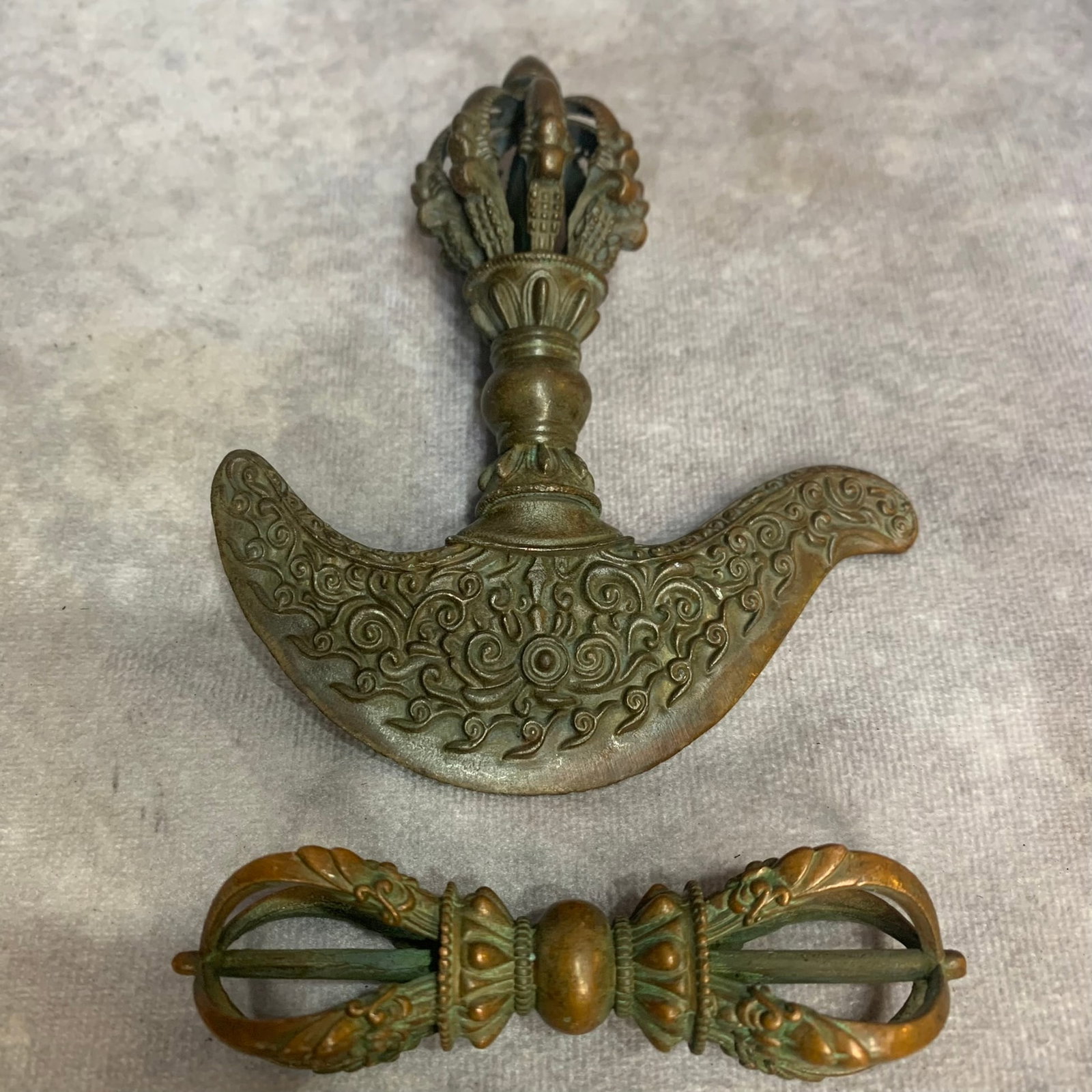 GROUP OF TIBETAN BUDDHISM RITUAL INSTRUMENTS: 20th Century; High: 4.7 inch; Width: 4.0 inch;. High: 3.7 inch; Width: 1.2 inch; Woodbase for picture and display only