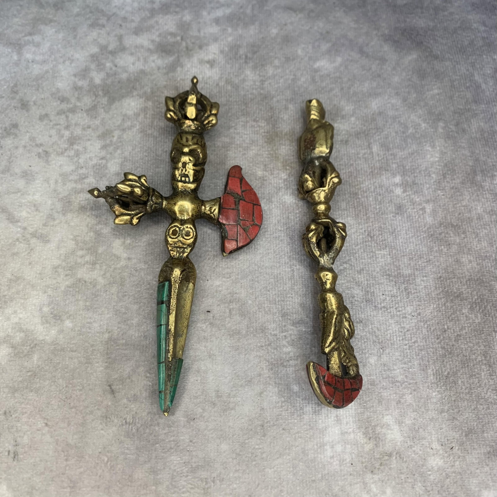 GROUP OF TWO CLOISONNE ENAMEL BRONZE TIBETAN OBJECT: 20th Century; High: 5.5 inch; High: 5.0 inch; Woodbase for picture and display only