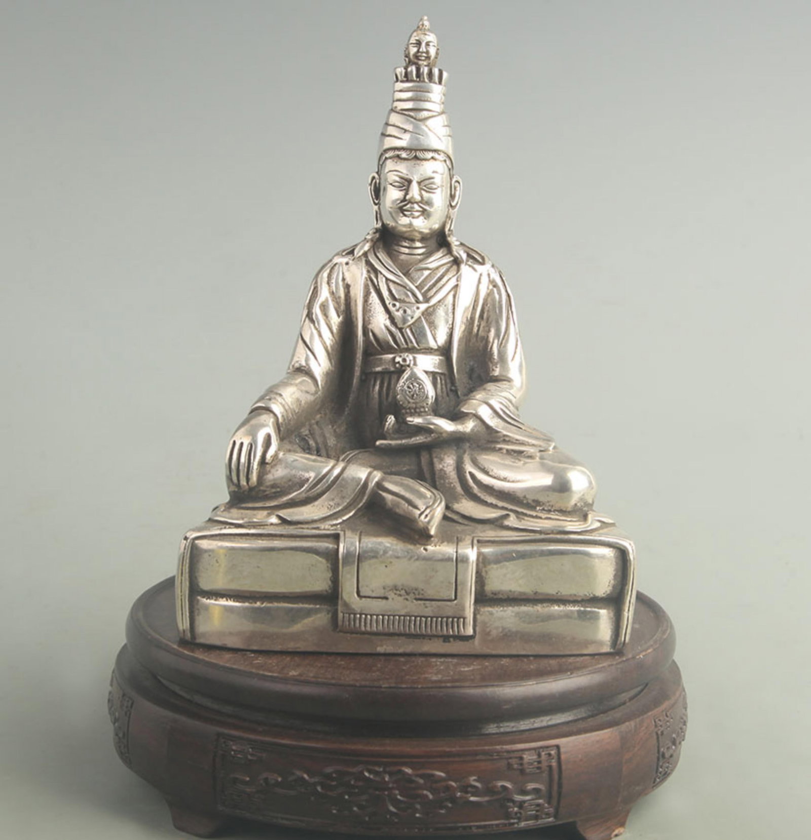 SILVER-GILT BRONZE AMITABHA BUDDHA: 19th Century; High: 6.80 inch; Width: 2.80 inch; Long: 4.80 inch; Woodbase for picture and display only