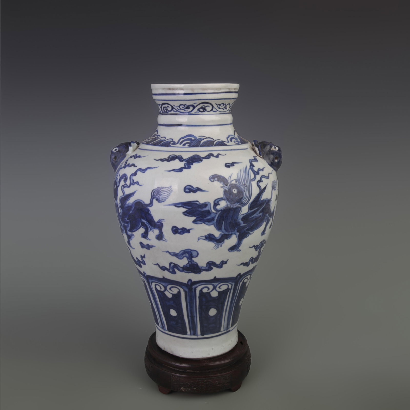 BLUE AND WHITE PORCELAIN VASE WITH ANIMAL MOTIFS AND DOUBLE EARS: Ming Dynasty Style, Diameter: 8.3 inch; High: 13.0 inch; Woodbase for picture and display only