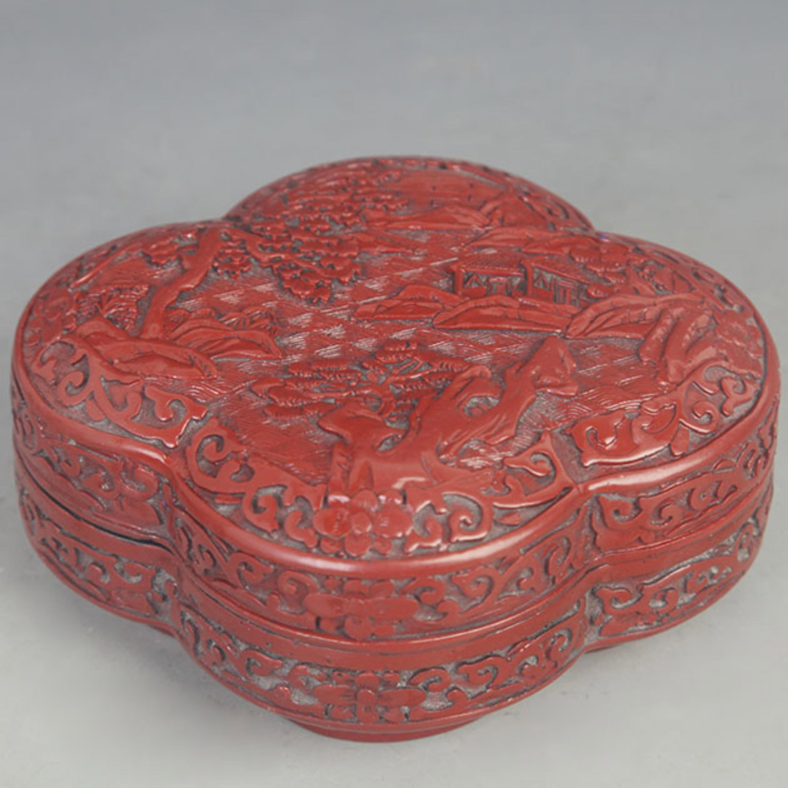 CARVED RED LACQUER BOX WITH LANDSCAPE PAVILION DESIGN (1 of 4)