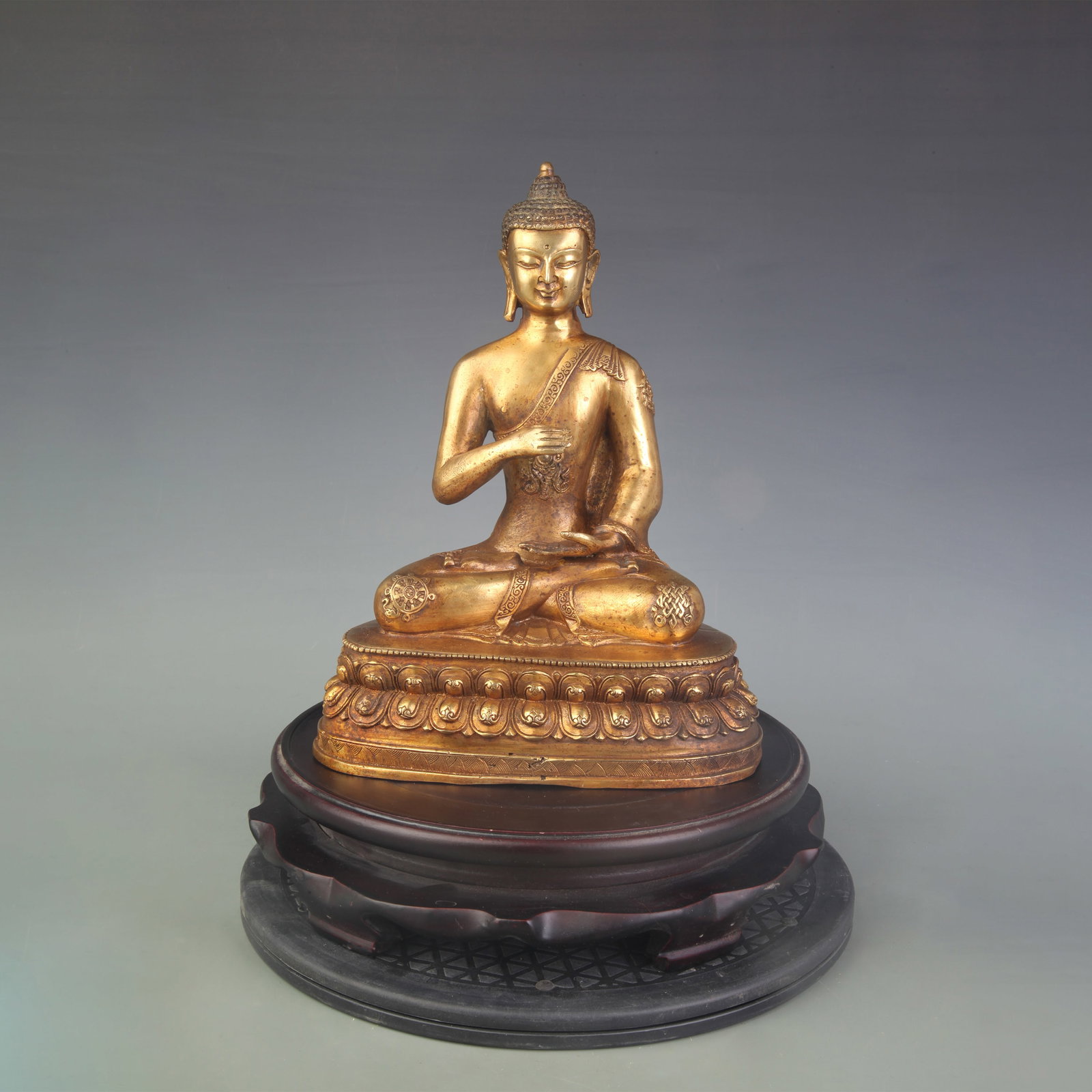 RARE GILT BRONZE SHAKYAMUNI BUDDHA: Qing Dynasty; High: 11.2 inch; Woodbase for picture and display only