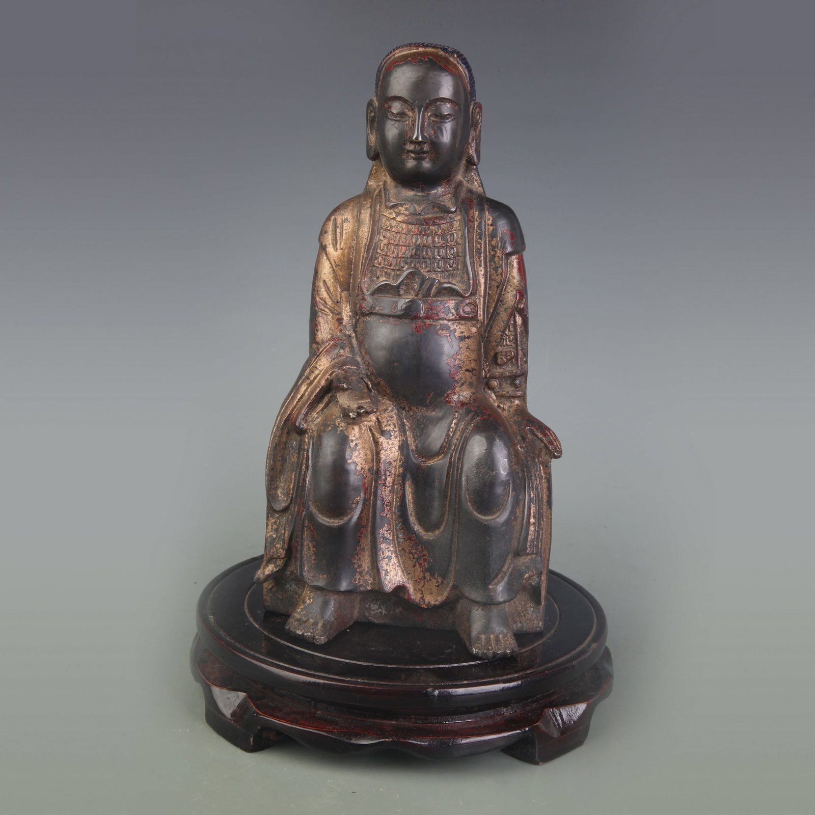 GILT BRONZE STATUE OF ZHENWU (THE DARK WARRIOR / XUANWU EMPEROR): Qing Dynasty; Width: 4.5inch, High: 9.0inch; Woodbase for picture and display only
