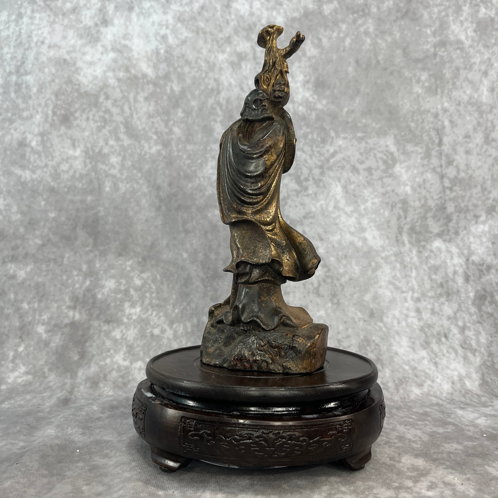 GILT-BRONZE STATUE OF BODHIDHARMA DAMO: Qing Dynasty; Long: 3.6 inch; Width: 2.3 inch; High: 9.1 inch; Woodbase for picture and display only