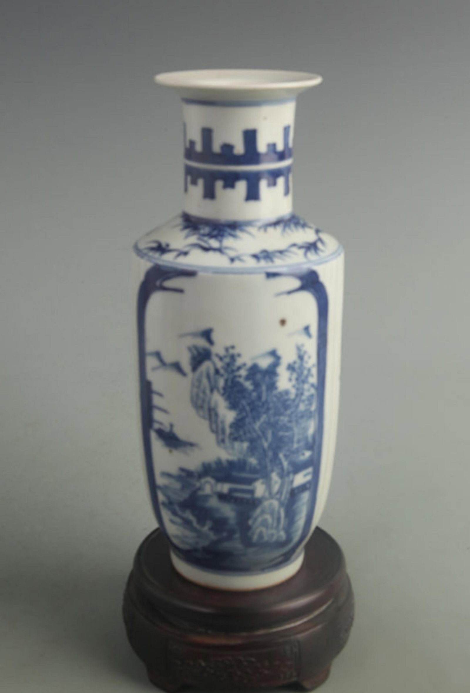 BLUE AND WHITE PORCELAIN VASE WITH LANDSCAPE PANELS: Qing Dynasty Kang Xi Period, High: 9.50 inch; Width: 4.00 inch; Woodbase for picture and display only