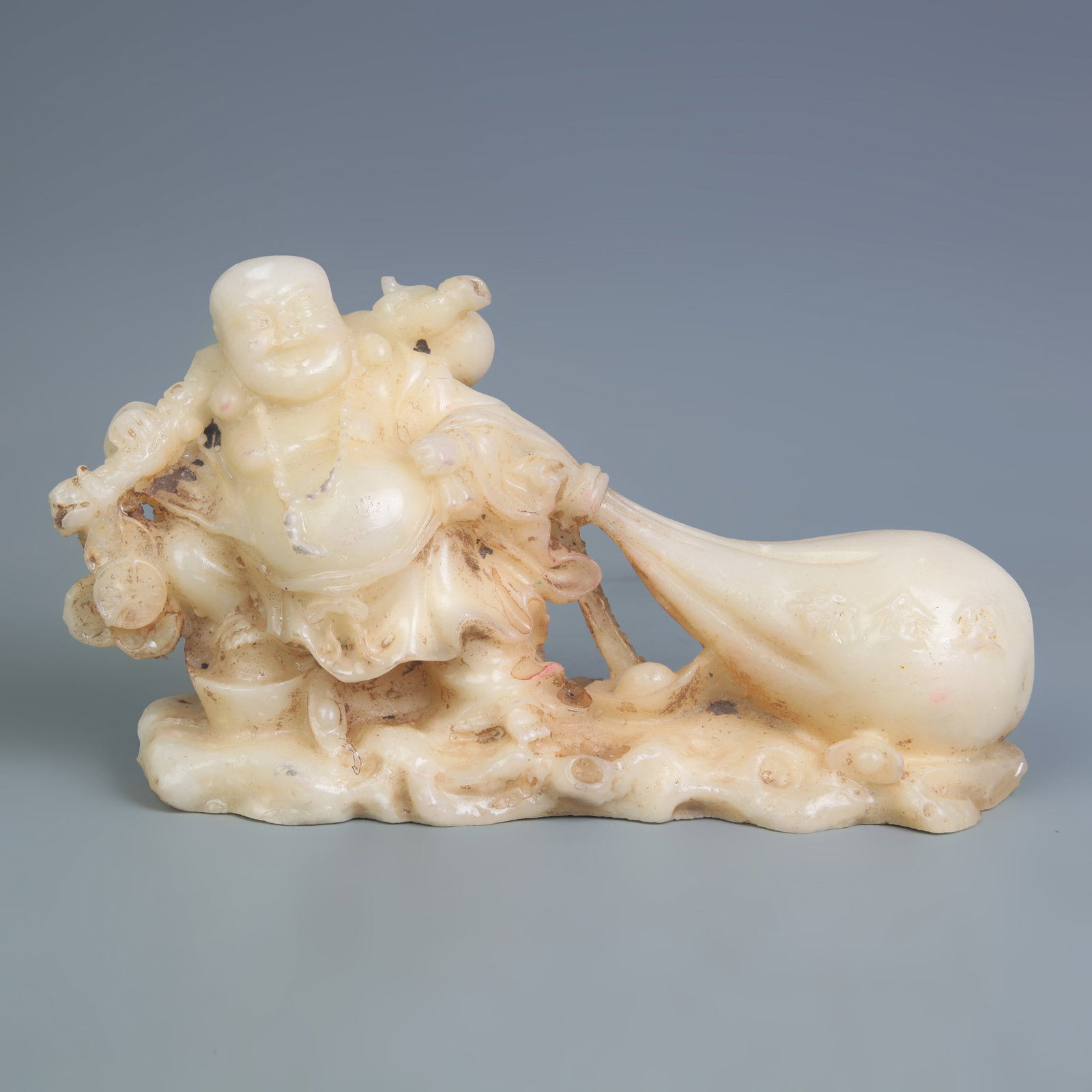 GLASS MADE HOTEI (LAUGHING BUDDHA) ORNAMENT: 20th Century; Long: 8.3 inch; Width: 2.7 inch; High: 4.6 inch; Woodbase for picture and display only