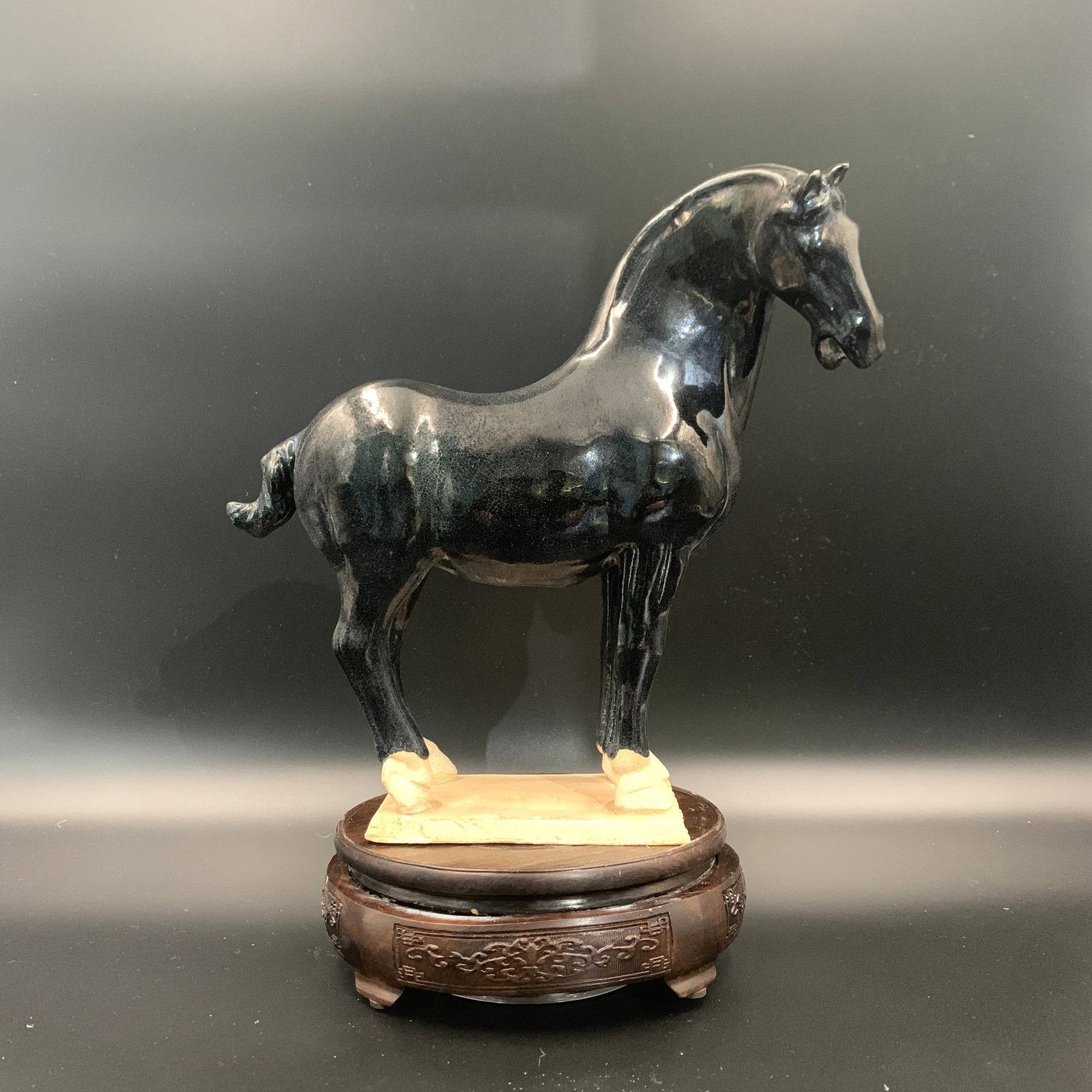 BLACK-GLAZED POTTERY STANDING HORSE (1 of 5)