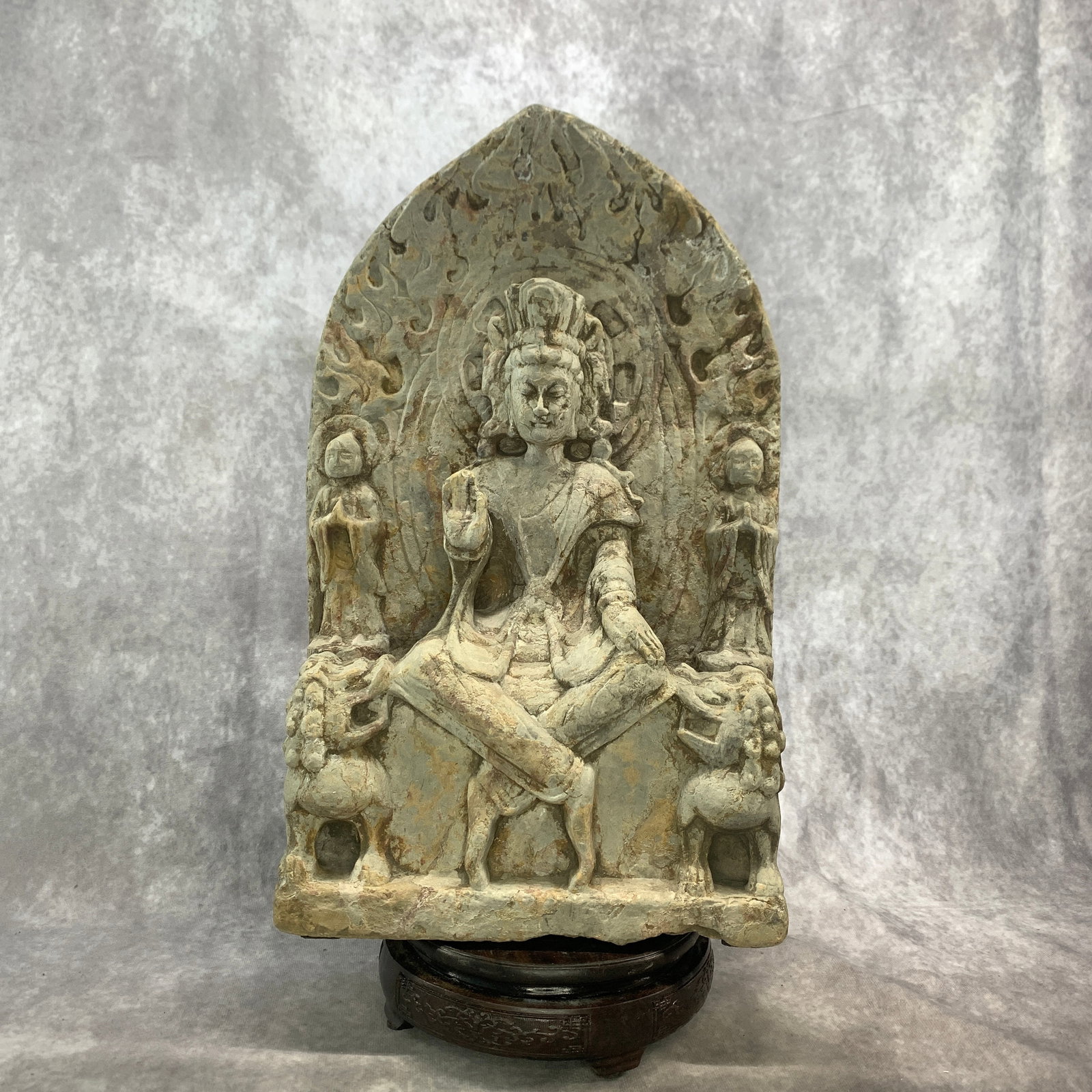CARVED STONE BUDDHIST DEVOTIONAL STELE: Ming Dynasty; Long: 9.5 inch; Width: 4.2 inch; High: 15.7 inch; Woodbase for picture and display only