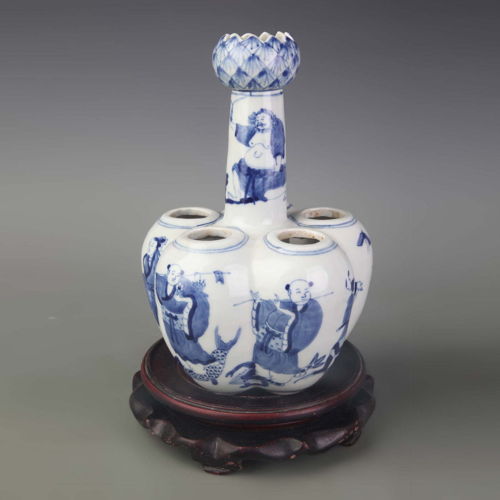 BLUE AND WHITE FIGURE SIX-APERTURE PORCELAIN VASE: Qing Dynasty Kang Xi Period; Width: 6.1 inch ; High: 9.1 inch; Woodbase for picture and display only