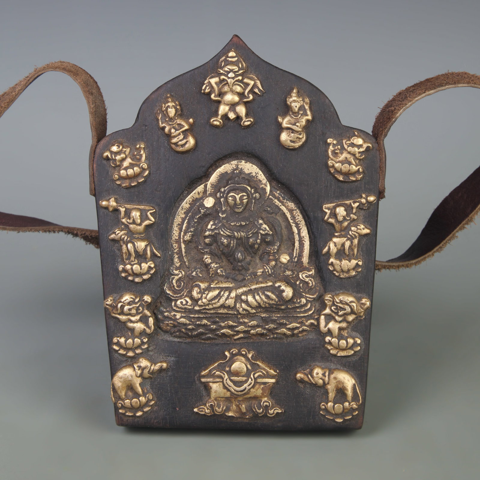 A FINE TIBETAN BUDDHIST GHAU (PORTABLE SHRINE): Modern; Long: 6.5 inch; Width: 4.9 inch; Woodbase for picture and display only