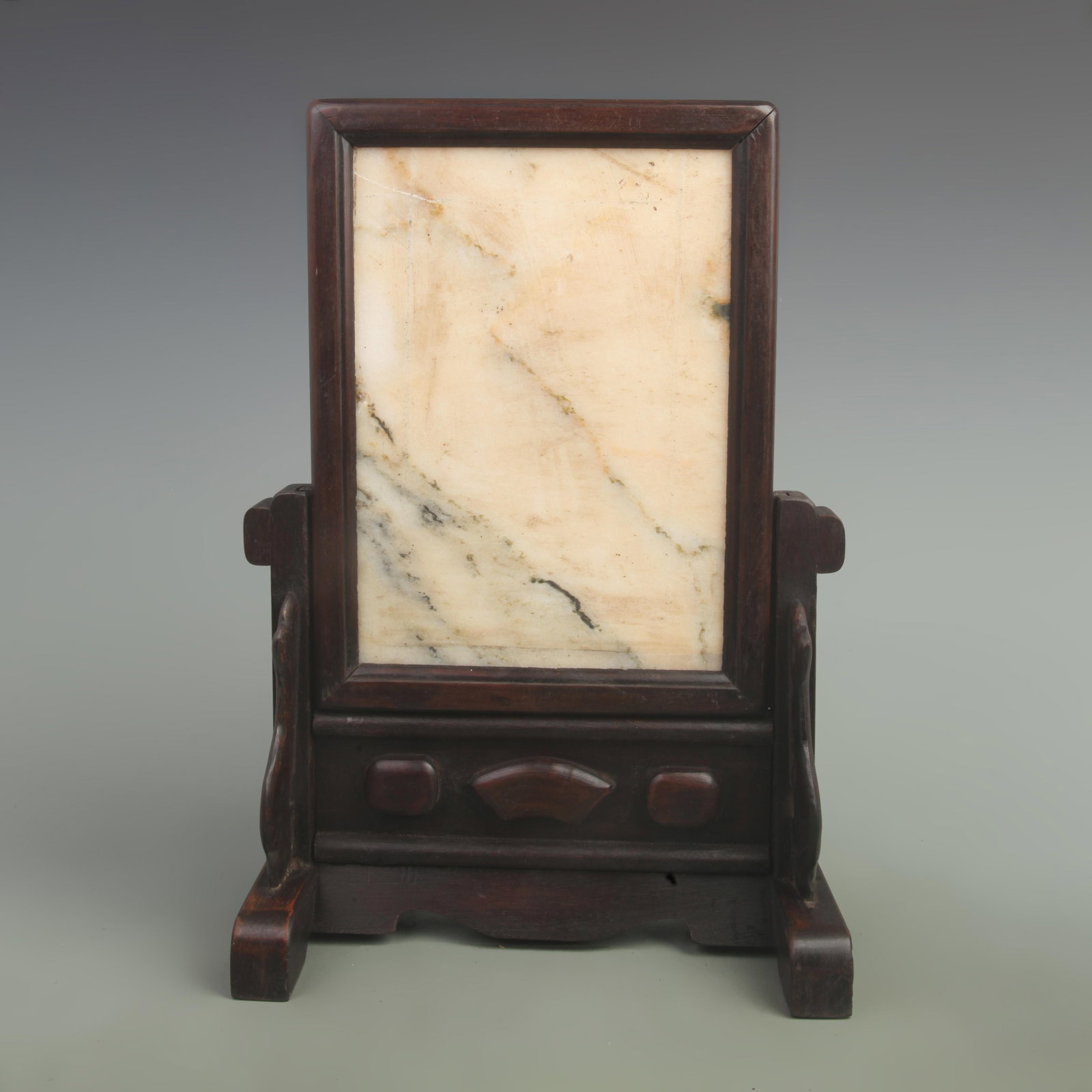 A FINE OLD REDWOOD INLAY WITH MARBLE STONE TABLE SCREEN: Qing Dynasty; High: 15.3 inch; Width: 10.6 inch; Woodbase for picture and display only