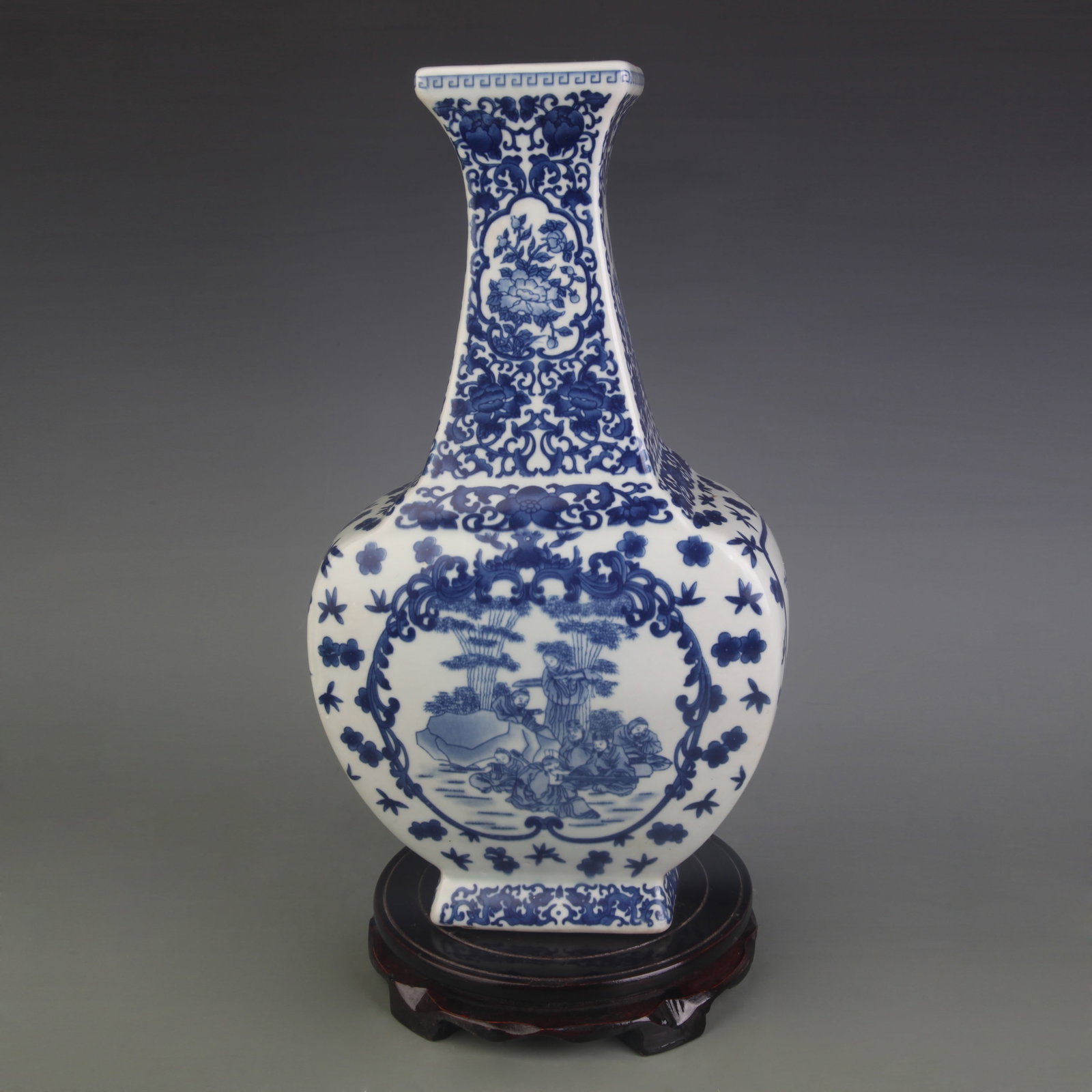 BLUE AND WHITE SQUARE VASE WITH BIRD, FLOWER AND FIGURAL PANELS (1 of 5)