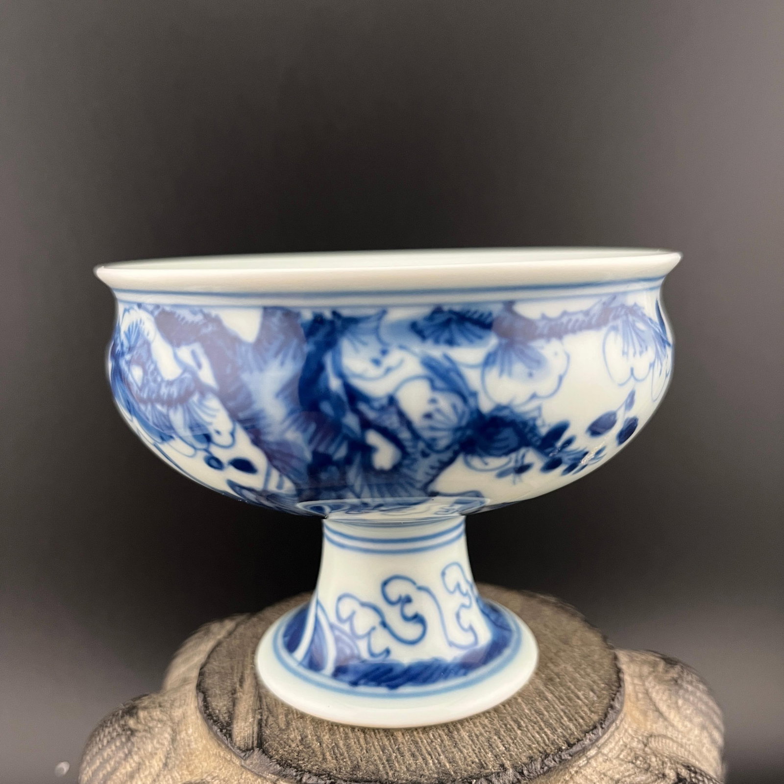 BLUE AND WHITE "THREE FRIENDS OF WINTER" HIGH FOOT STEM CUP (1 of 8)