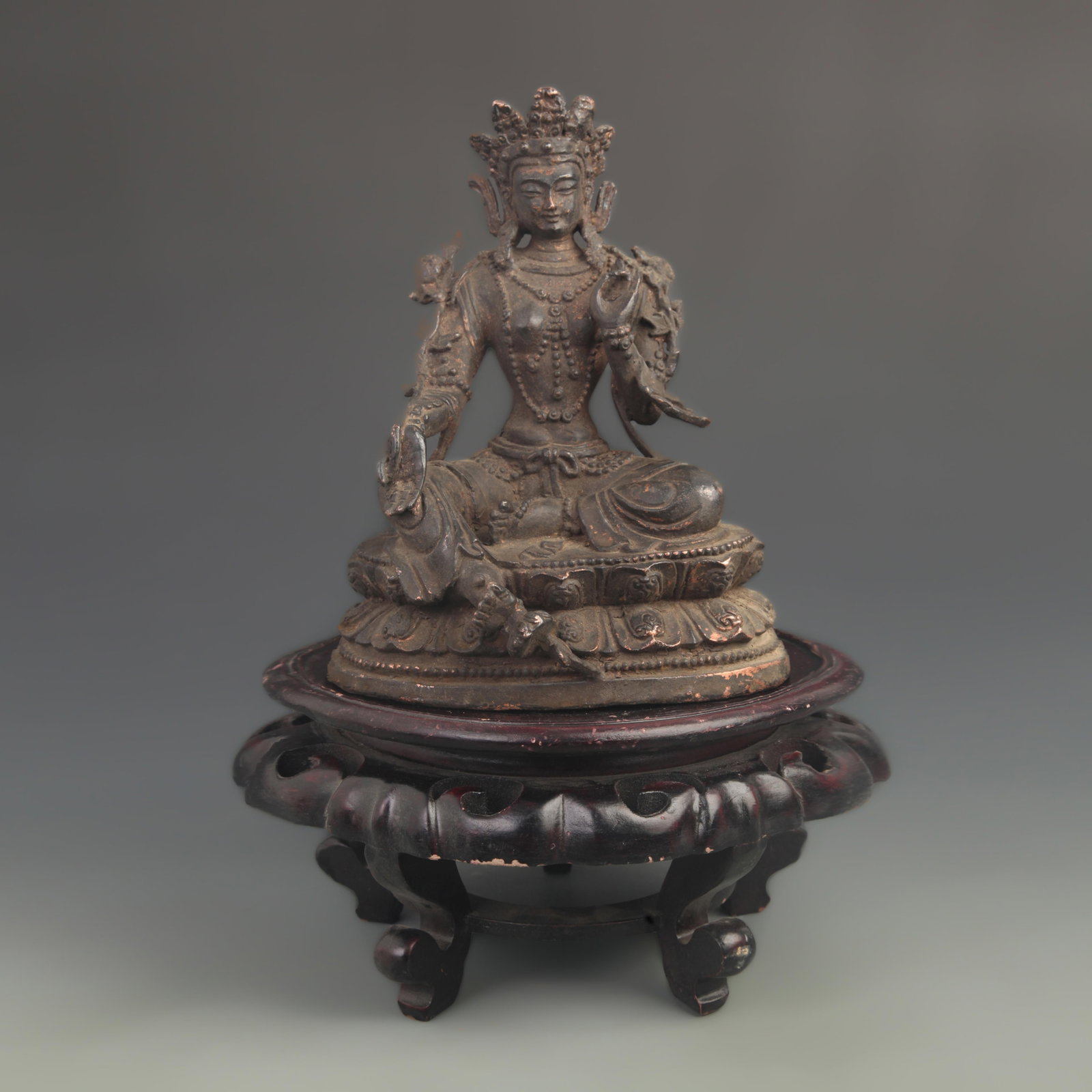PALA STYLE BRONZE GREEN TARA SEATED STATUE: Ming Dynasty Style; High: 9.50 inch; Width: 6.75 inch; Woodbase for picture and display only