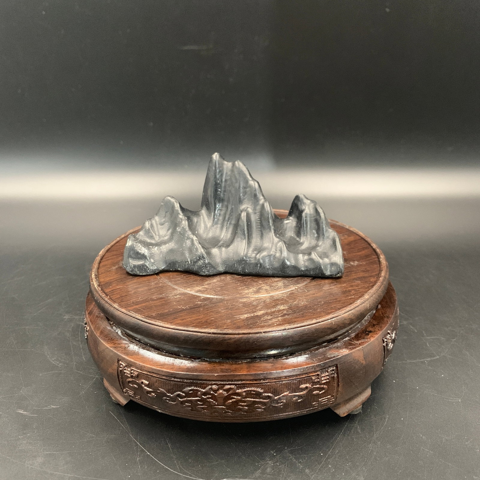 A FINE SCHOLAR'S ROCK MOUNTAIN BRUSH REST: Modern; Long: 4.4 inch; Width: 2.1 inch; High: 2.1 inch; Woodbase for picture and display only