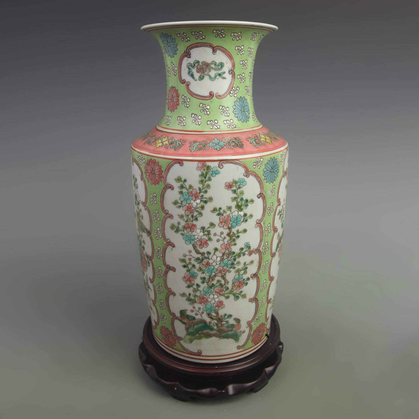 FAMILLE ROSE GREEN GROUND FLOWERS AND BIRDS PATTERN FOUR-SIDED VASE: Qing Dynasty Kangxi Period, High: 15 inch; Width: 8 inch; Woodbase for picture and display only