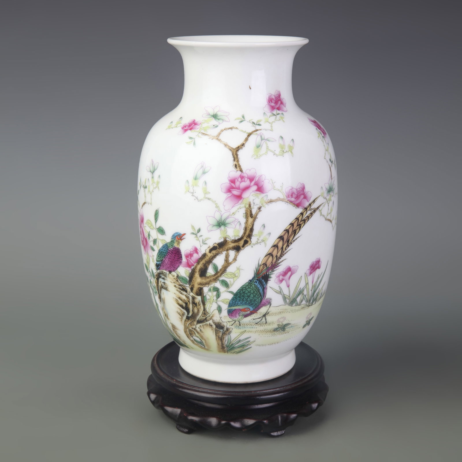 FAMILLE ROSE LANTERN PORCELAIN VASE WITH BIRD-AND-FLOWER DECORATION: Qing Dynasty Qian Long Period; Diameter: 3.6inch , High: 8.9inch; Woodbase for picture and display only
