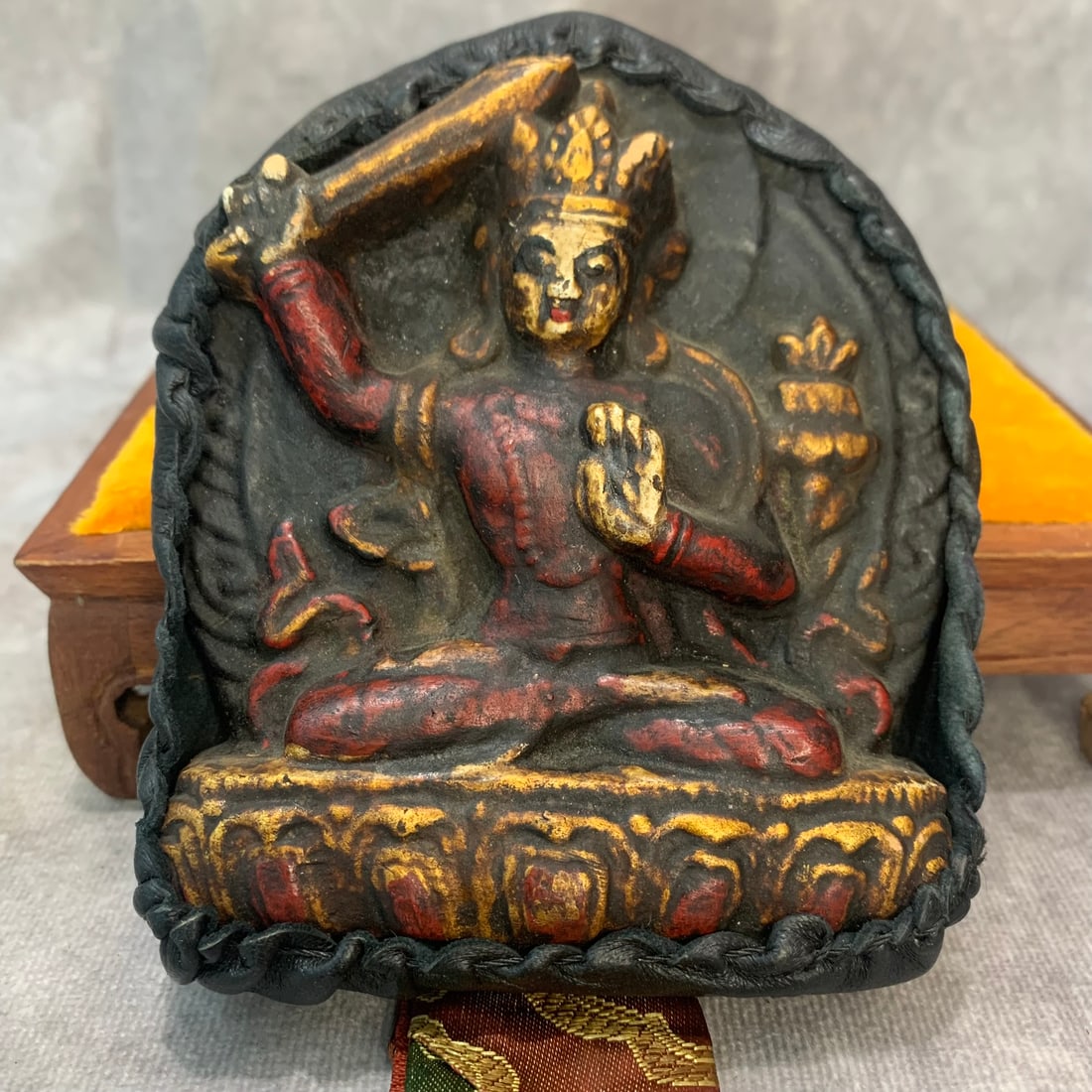 TIBETAN BUDDHIST BRONZE RITUAL IMPLEMENTS: Modern; High: 4.8 inch Width: 4.0 inch. Wooden base for display only