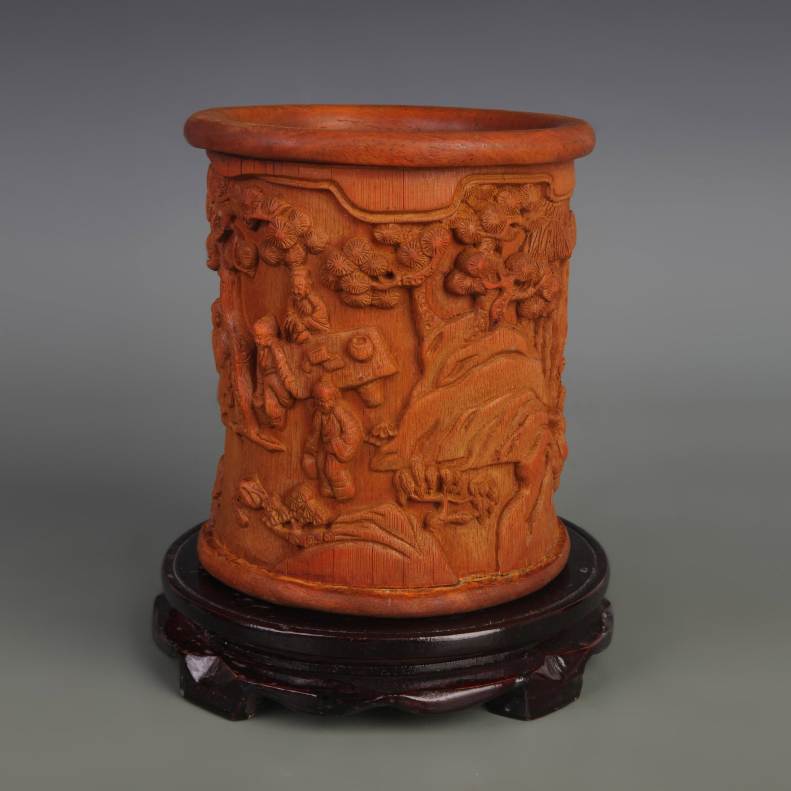 BAMBOO MADE FIGURE STORY PATTERN BRUSH POT: Modern; Diameter: 5.9 inch; High: 6.6 inch. Wooden base for display only