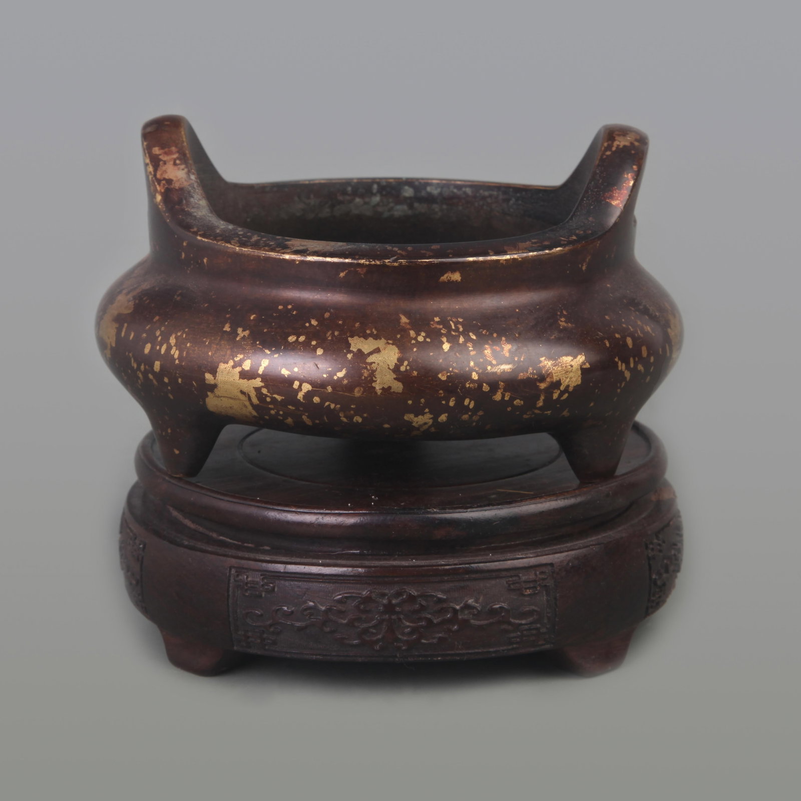 BRONZE INCENSE BURNER WITH GOLD INLAY AND BRIDGE-SHAPED EARS: Ming Dynasty Style; Diameter: 5.0 inch; High: 3.3 inch; . Wooden base for display only