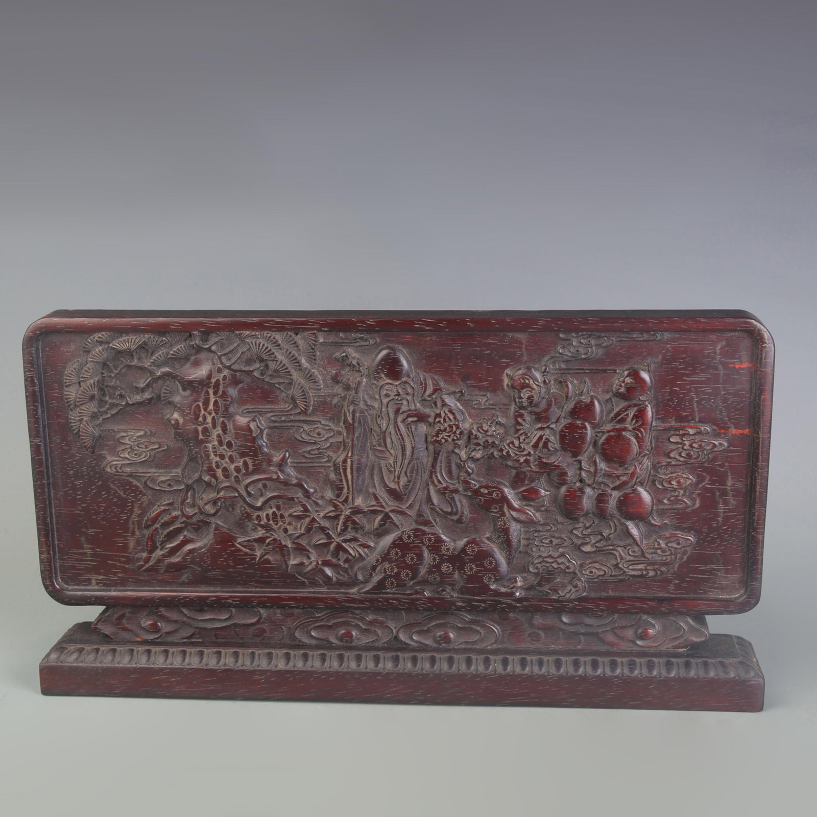 RED SANDALWOOD CARVED "FAMILY HARMONY BRINGS PROSPERITY" TABLE SCREEN: Qing Dynasty; Long: 4.0 inch; High: 7.5 inch. Wooden base for display only