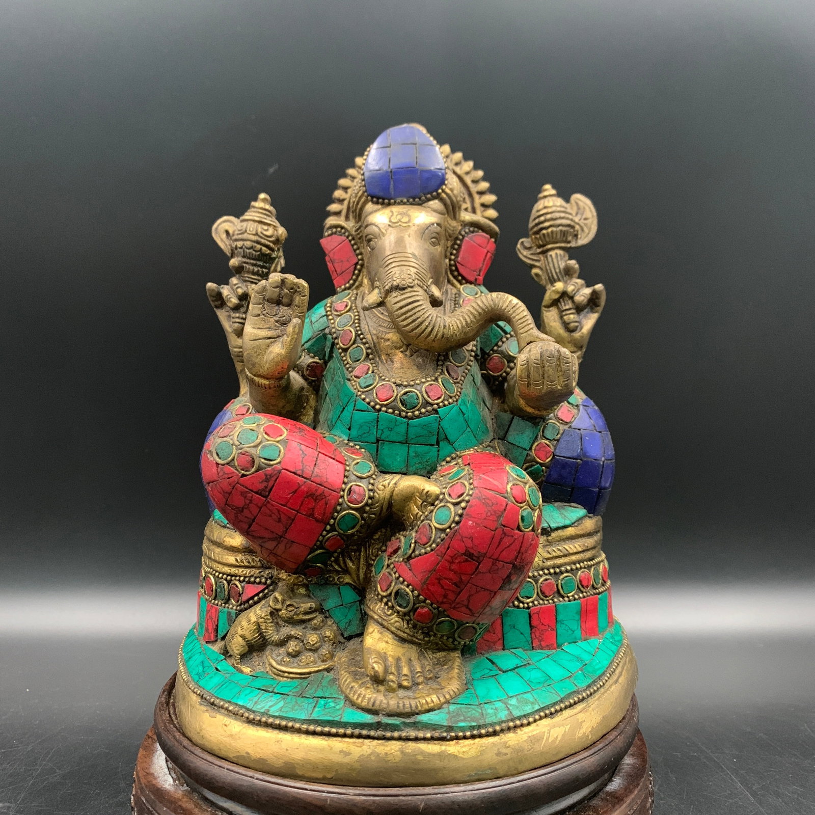 RARE GILT BRONZE NEPALESE-STYLE GANESHA STATUE: Qing Dynasty; Long: 6 inch; Width: 4.7 inch; High: 7.6 inch; . Wooden base for display only