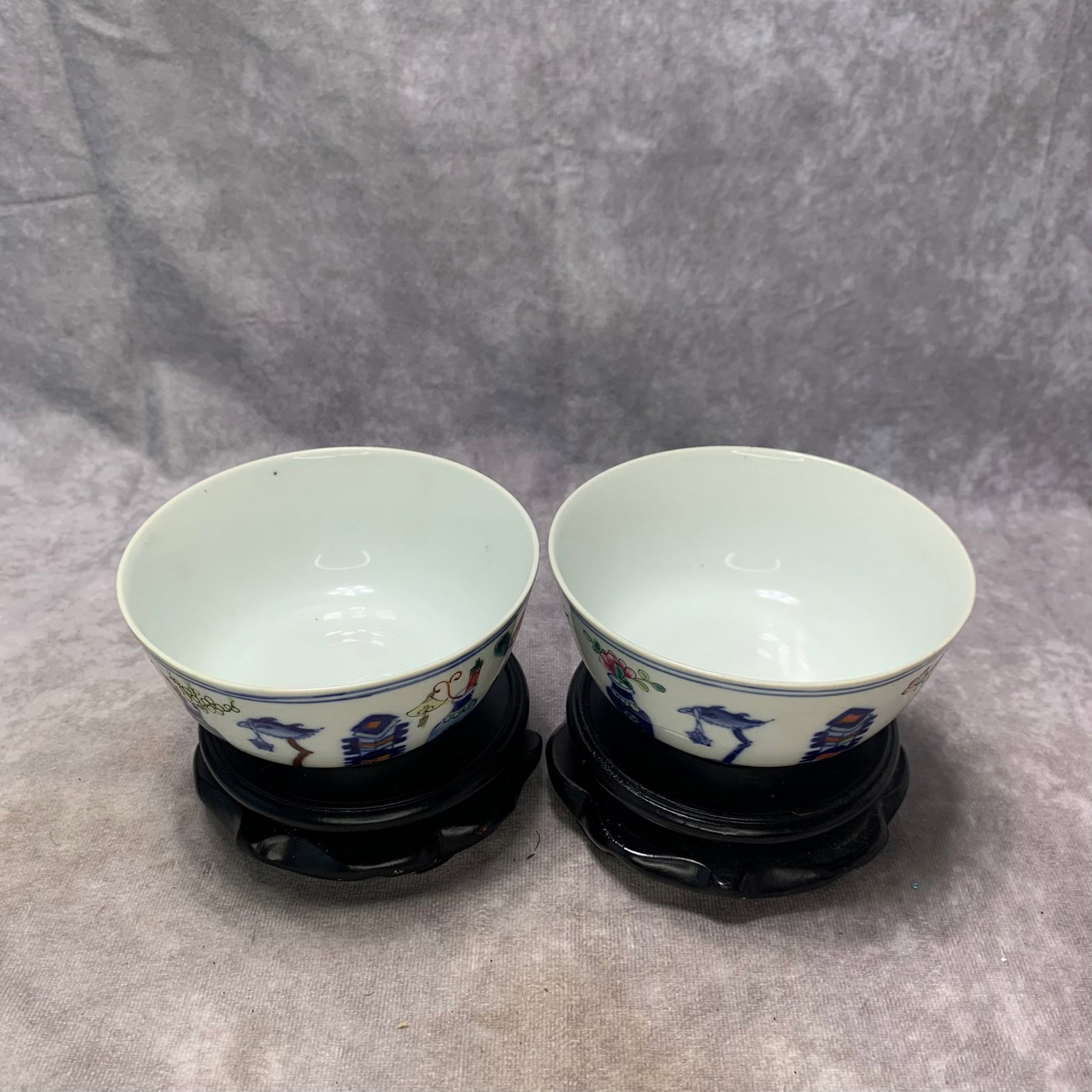 FAMILLE ROSE TREASURE BOTTLE SMALL BOWL, 1 PAIR: Qing Dynasty; High: 2.5 inch; Diameter: 4.5 inch. Wooden base for display only