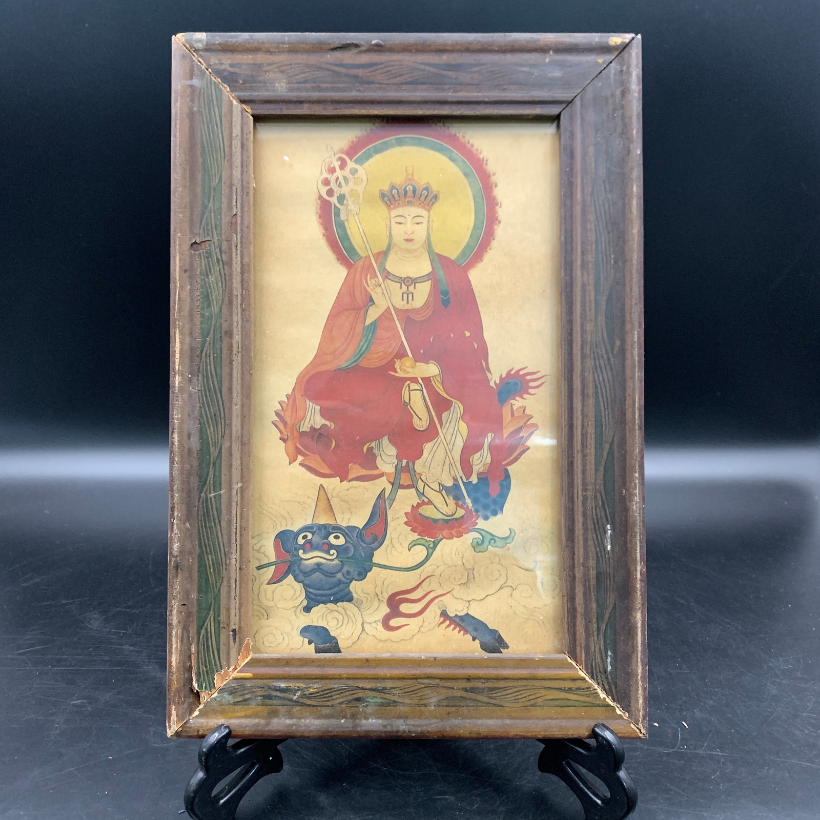 FRAMED BUDDHIST PAINTING: KSITIGARBHA BODHISATTVA: 19th Century; Long: 11.9 inch; Width: 8 inch; High: 0.6 inch; . Wooden base for display only